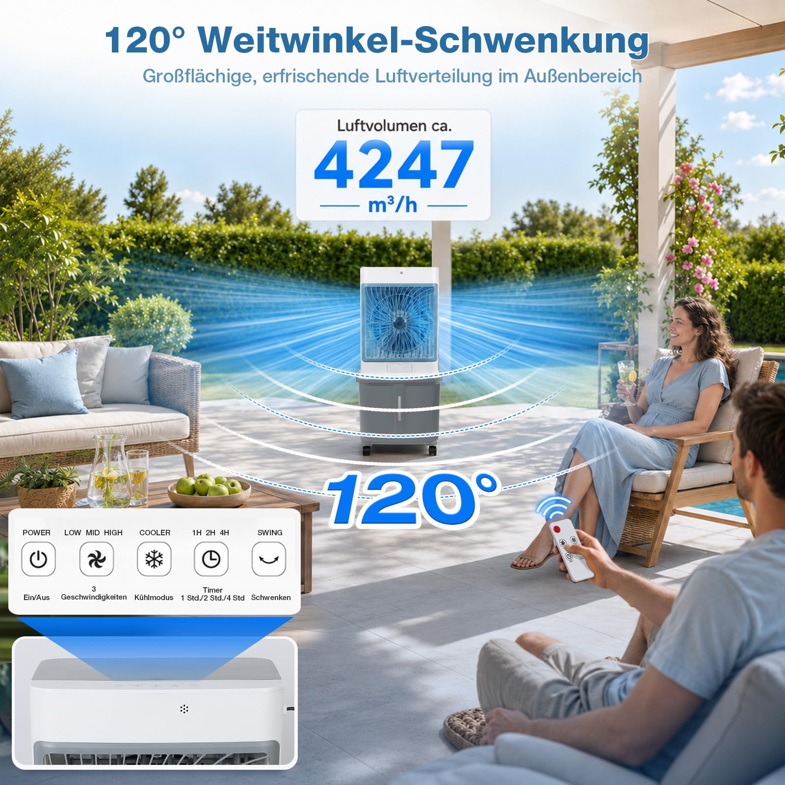 Luftkühler mit Wasserkühlung, 35L Wassertank und Fernbedienung | Mobile Klimaanlage ohne Abluftschlauch, 120° Oszillation Timer 3 Stufen 70W Verdunstungskühler für Wohnung Raum Wohnzimmer