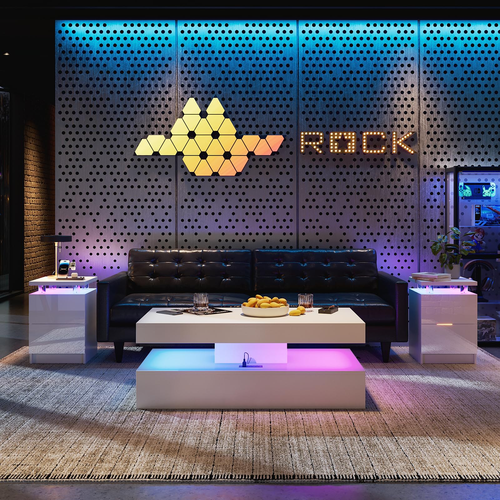 Nordivale 3-Piece White Living Room Set: Modern Coffee Table with LED Lights, 2 Drawers & Charging Station and 2 End Tables with RGB LED Lights & 2 Drawers Each - for Home Office