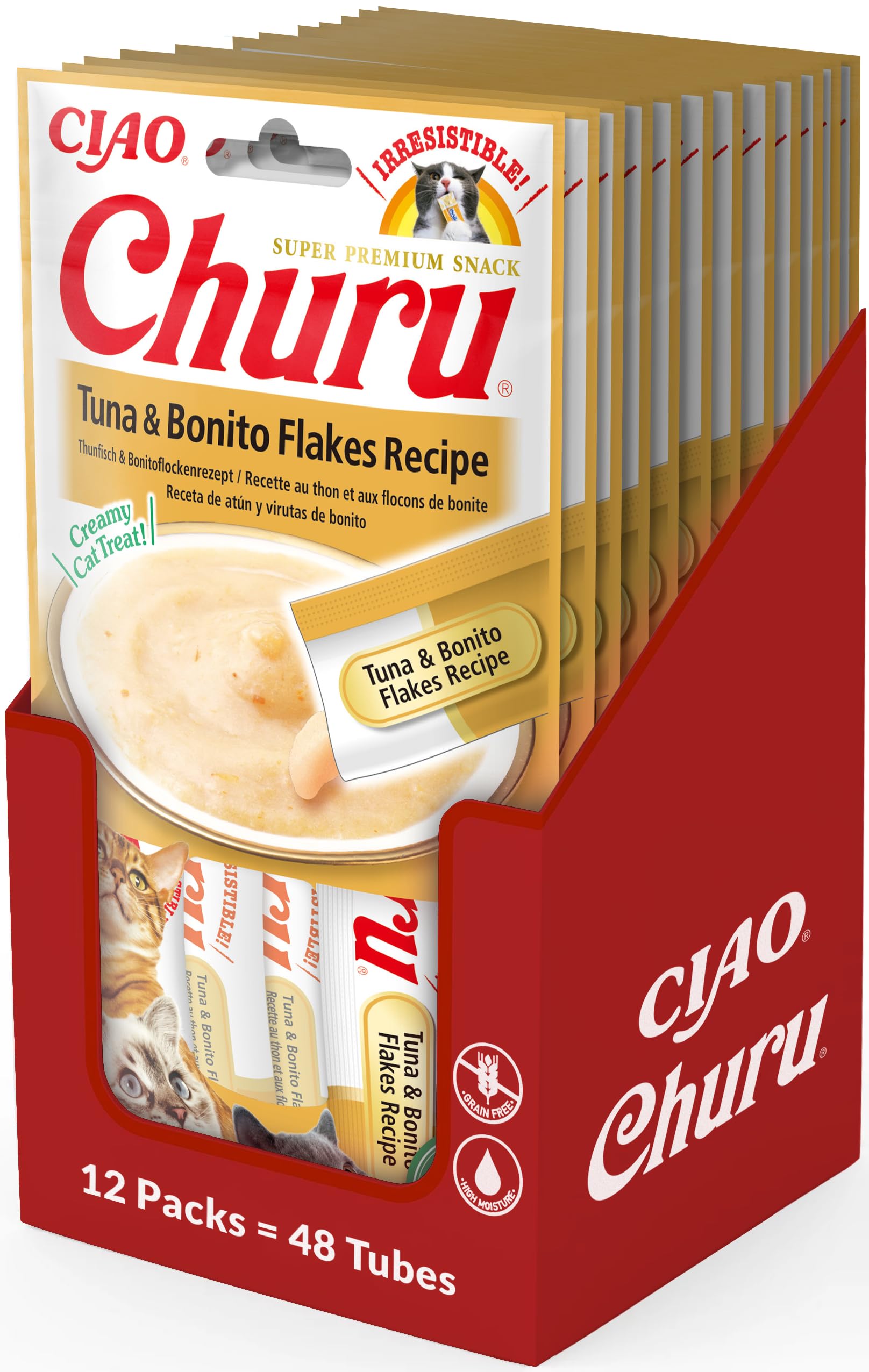 INABA Churu - Pasta para gatos con atún y Copos de Bonito, 12 Paquetes / 48 palitos