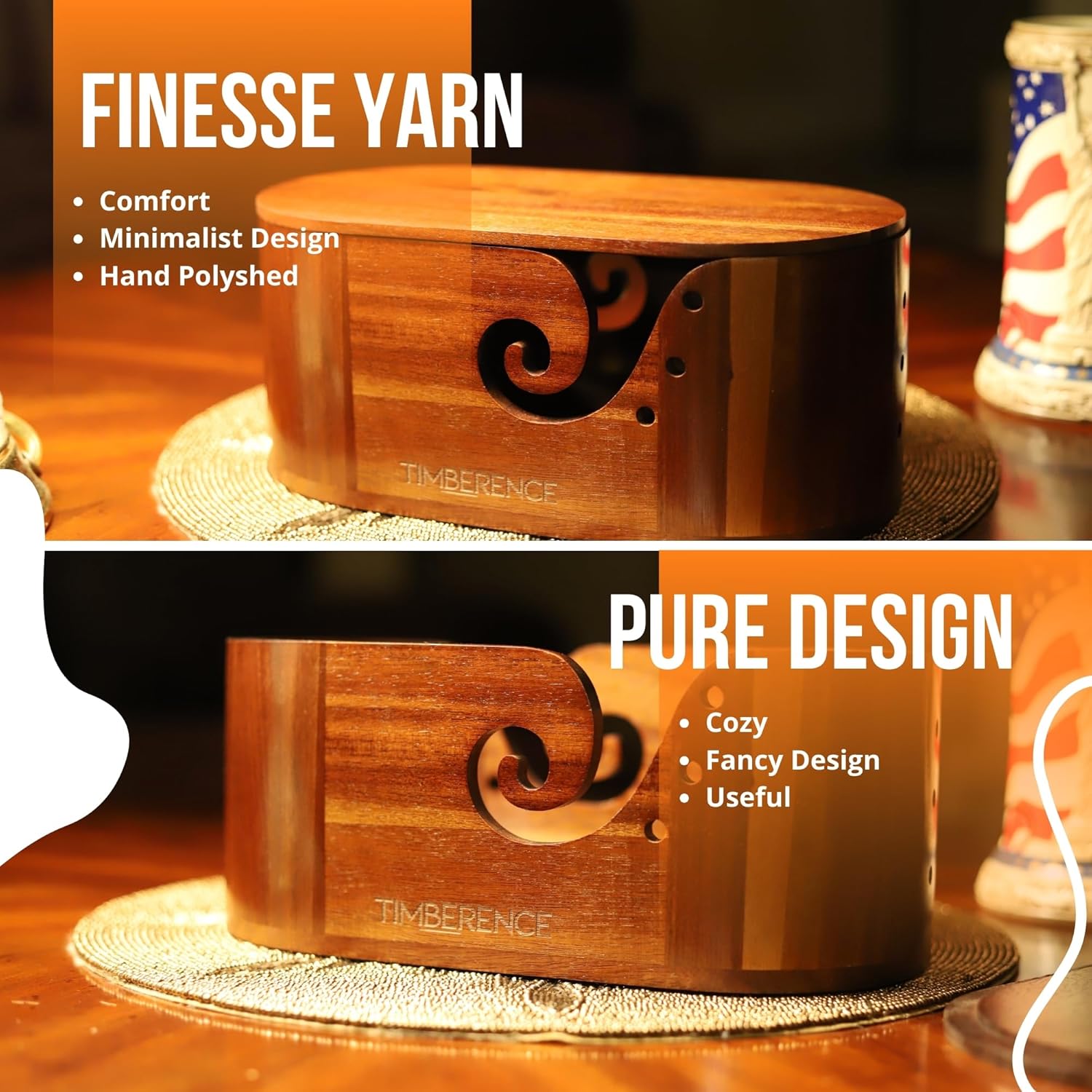 Oval Wooden Yarn Bowl – Premium Smooth Finish with Swirl Feed & Hook Holes – Anti-Slip Knitting & Crochet Yarn Holder