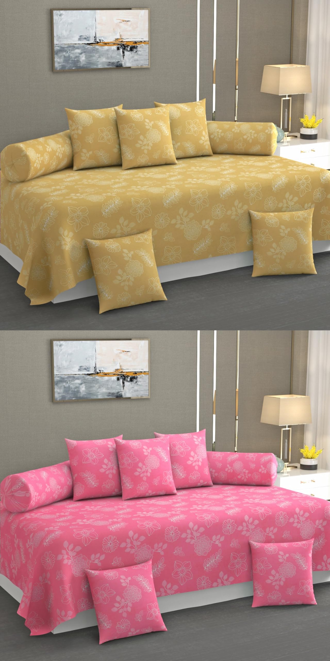 JBTC Premium Cotton Diwan Set – 8 Piece Combo Diwan Set | 1 Single Bedsheet Sheet, 2 Bolster Covers, 5 Cushion Covers | Elegant Floral Design | Multicolor | 100% Cotton Fabric (Yellow and Pink)-picture-13