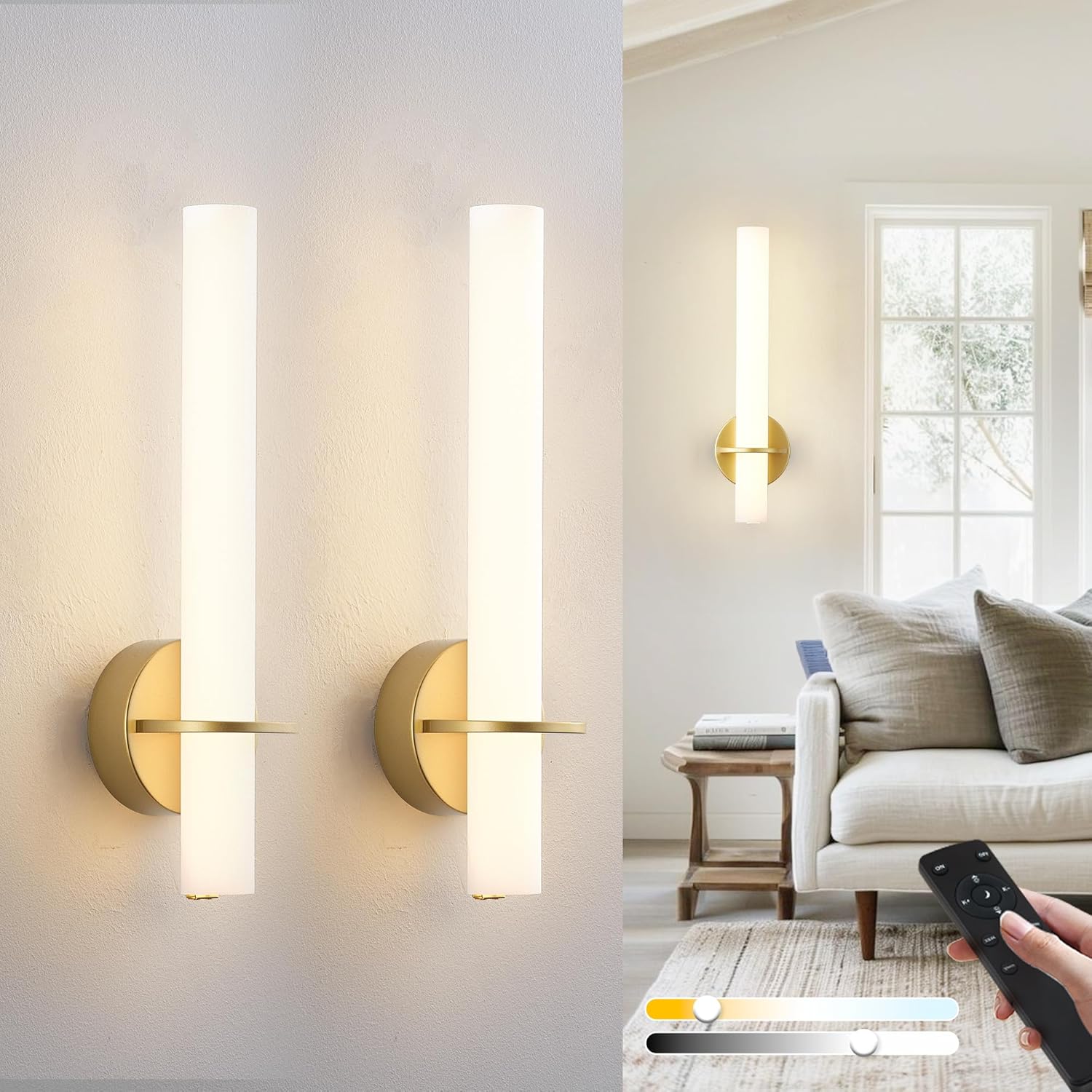 Gold Battery Operated Wall Sconce Set of 2,Rechargeable Wireless Wall Lights with Remote Control,Dimmable,3000K-6000K,360° Rotation, Cordless Wall Lighting for Living Room,Bedroom,Stairway,18 Inch