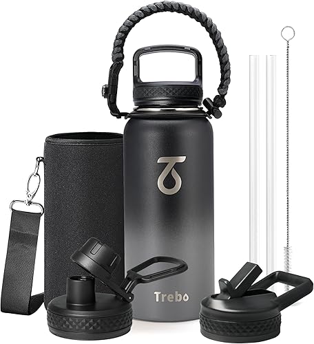 Miniatura 14 de Trebo Botella de Agua de 24 oz Aislada con Tapa y Pajita, Termo de Acero Inoxidable de Doble Pared al Vacío con Mango de Paracord, Frasco Deportivo