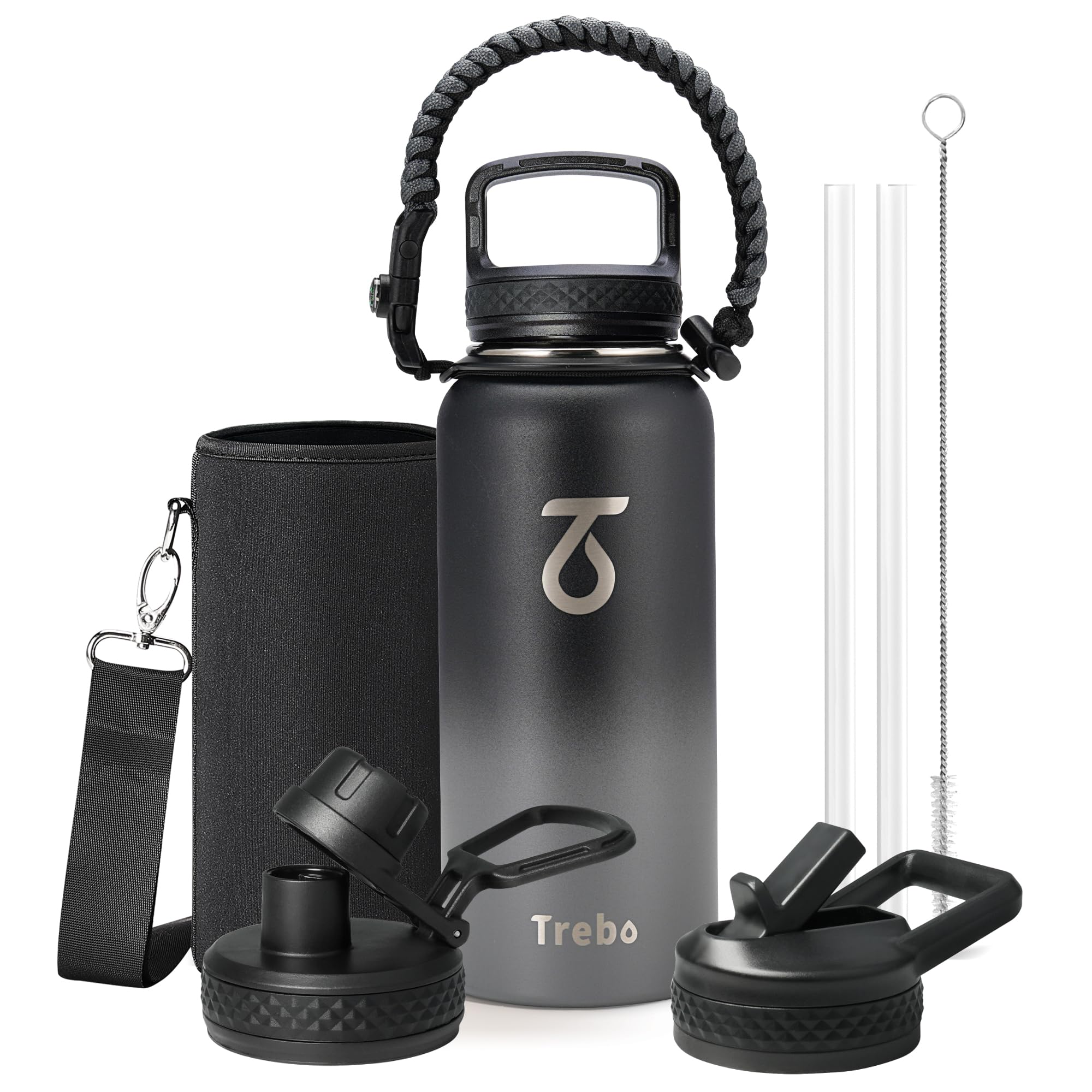 Trebo 946 ml Edelstahl Trinkflasche Isoliert mit Paracord-Griff & 3 Deckeln