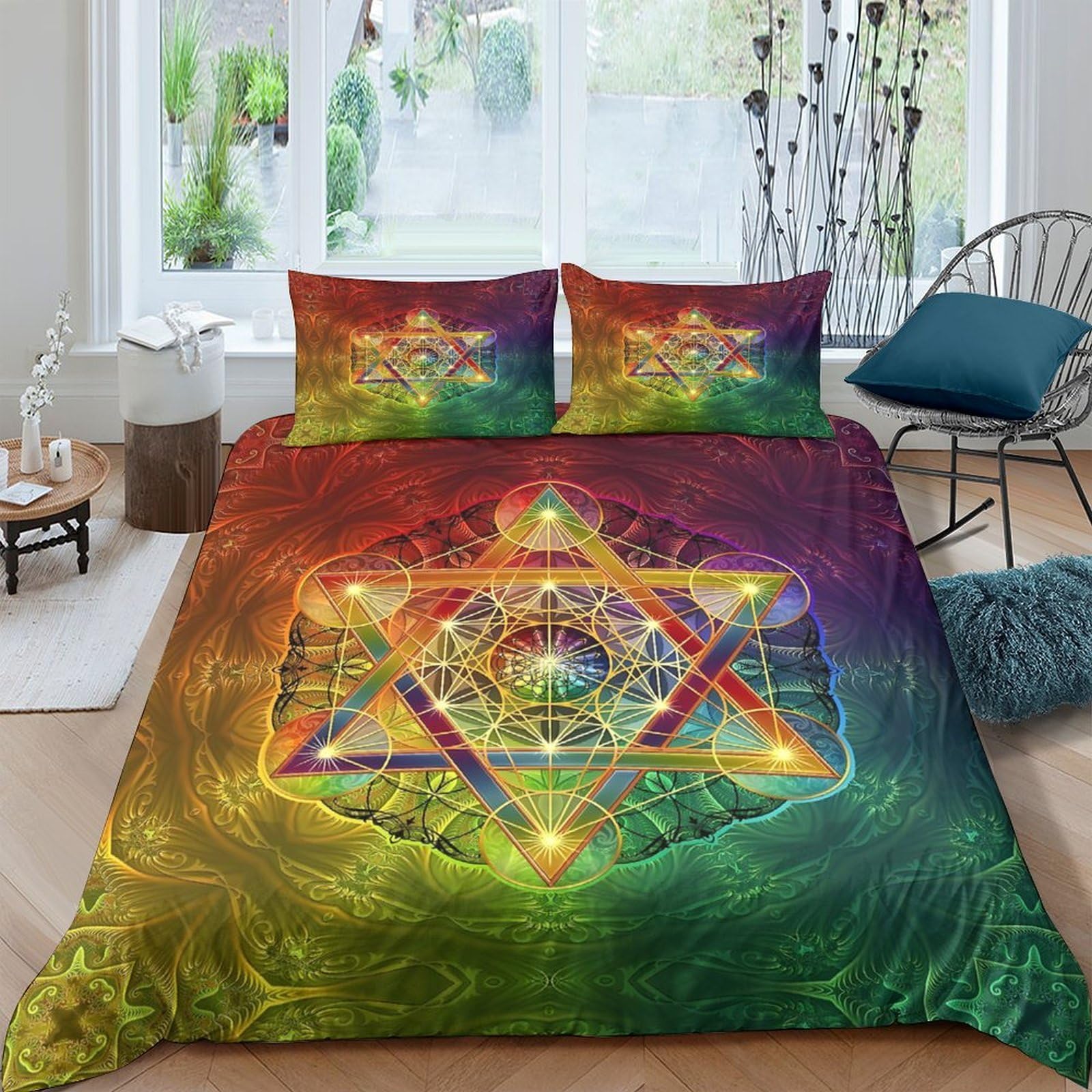 Ctjqhvkz Style-1 3D Printed Sacred Geometry Fitted Sheet Microfiber Rainbow Mandala Mattress Cover For Bedroom Dorm Dustproof Decor Single（135X200cm）