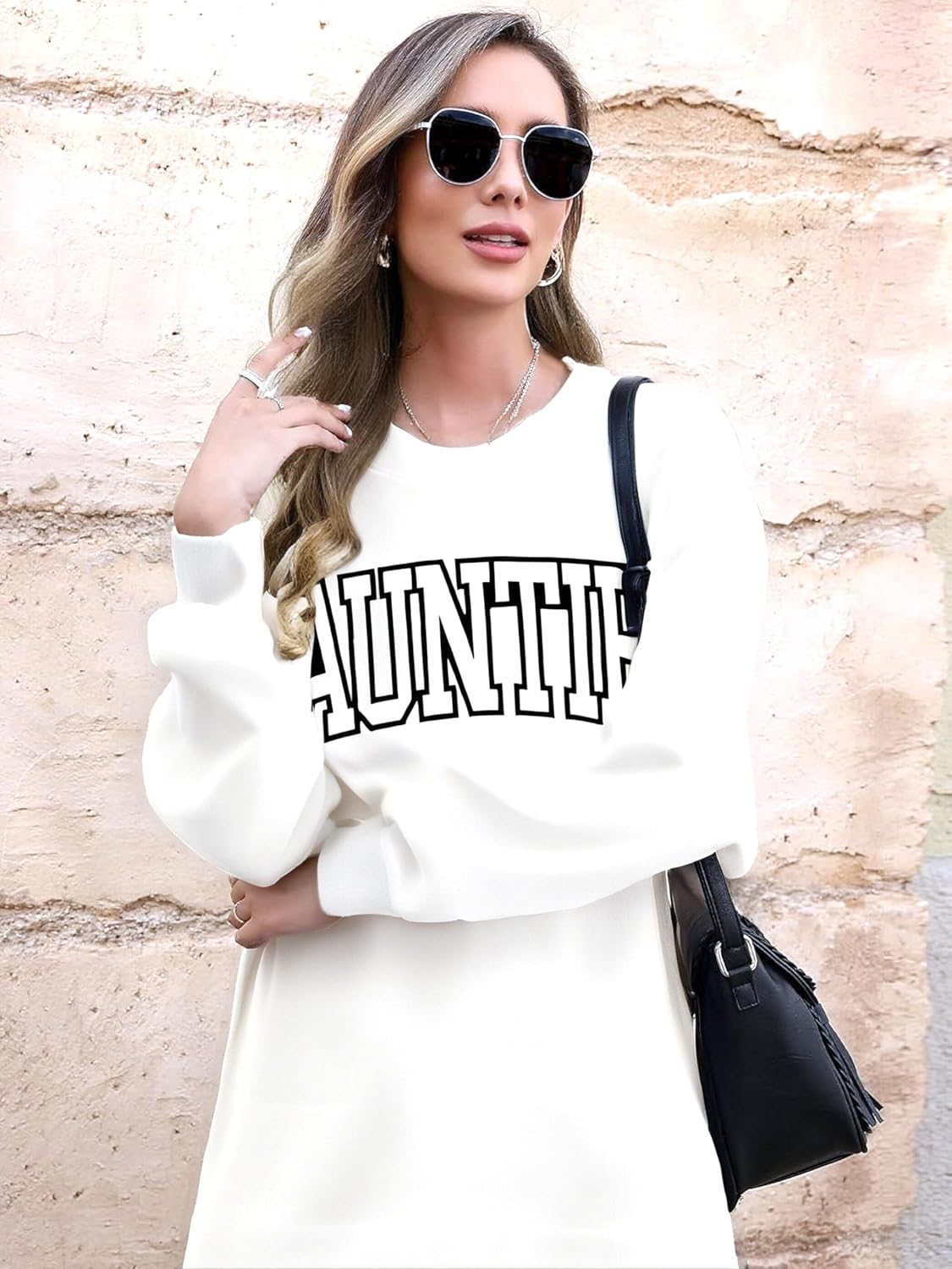 Womens Auntie Sweatshirt Auntie Letter Print Crewneck Long Sleeve Pullover Top Women Embroidered Sweatshirt - Image 3