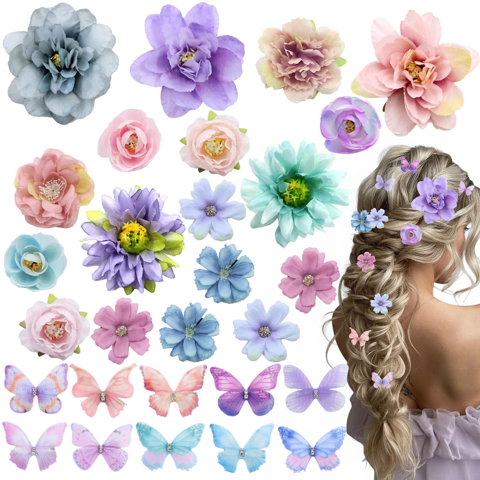 28 PCS Flower Butterfly Hair Clips Set, Boho Hair Accessories 18 pcs Hawaiian Silk Floral Clips 10 PCS Butterfly Headpiece for Women Festival, Romantic Purple