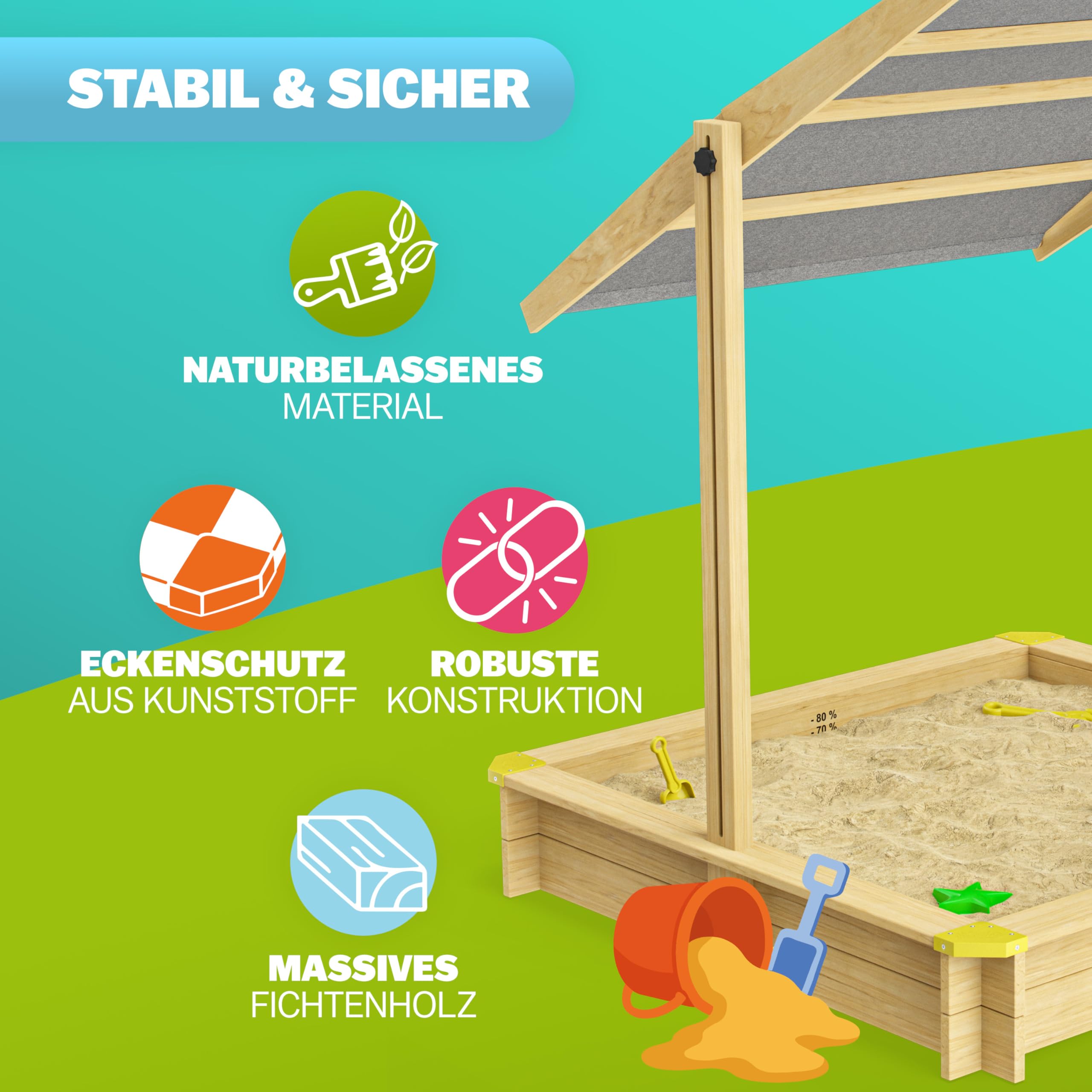 Spielwerk® Sandkasten Samu Sonnendach 120x120cm naturbelassenes Holz Füllstand Skala UV 50 Kantenschutz Bodenvlies Sandspielzeug Kinder Sandbox Sandkiste