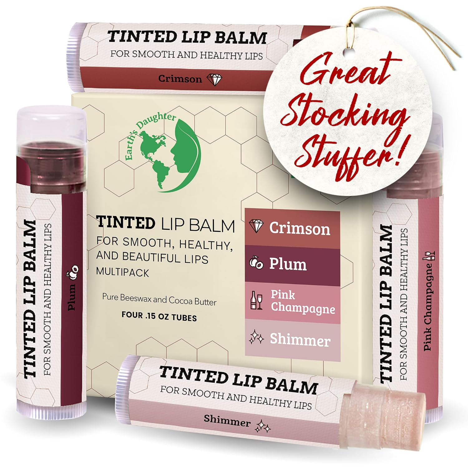 Tinted Lip Balm by Earth’s Daughter – 4 Pack of Assorted Colors – Beeswax, Coconut Oil, Cocoa Butter, Vitamin E – Moisturize and Beautify – Paraben Free