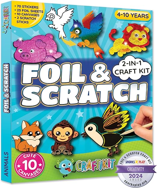 Craftikit ® Award-Winning Foil Art & Rainbow Scratch Art for Kids - 2-in-1 Arts and Crafts Kit for Kids Ages 4-10 - Animal Theme for Girls, Boys & Toddlers Ages 4, 5, 6, 7, 8, 9, 10