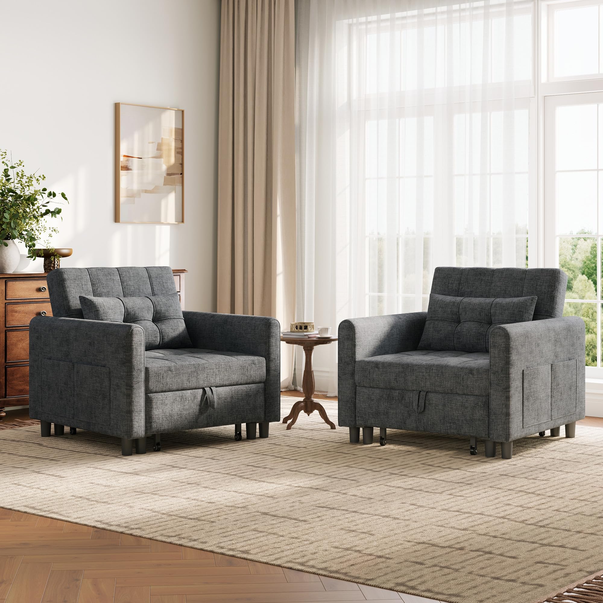 LINSY HOME 3-in-1 Schlaferstuhl, 1-Sitzer Sofa mit Schlaffunktion, Chenille Sessel Kleine mit Kissen und Seitentasche für Kleine Wohnung - Schlafbereich 74 x 190cm (Grau)