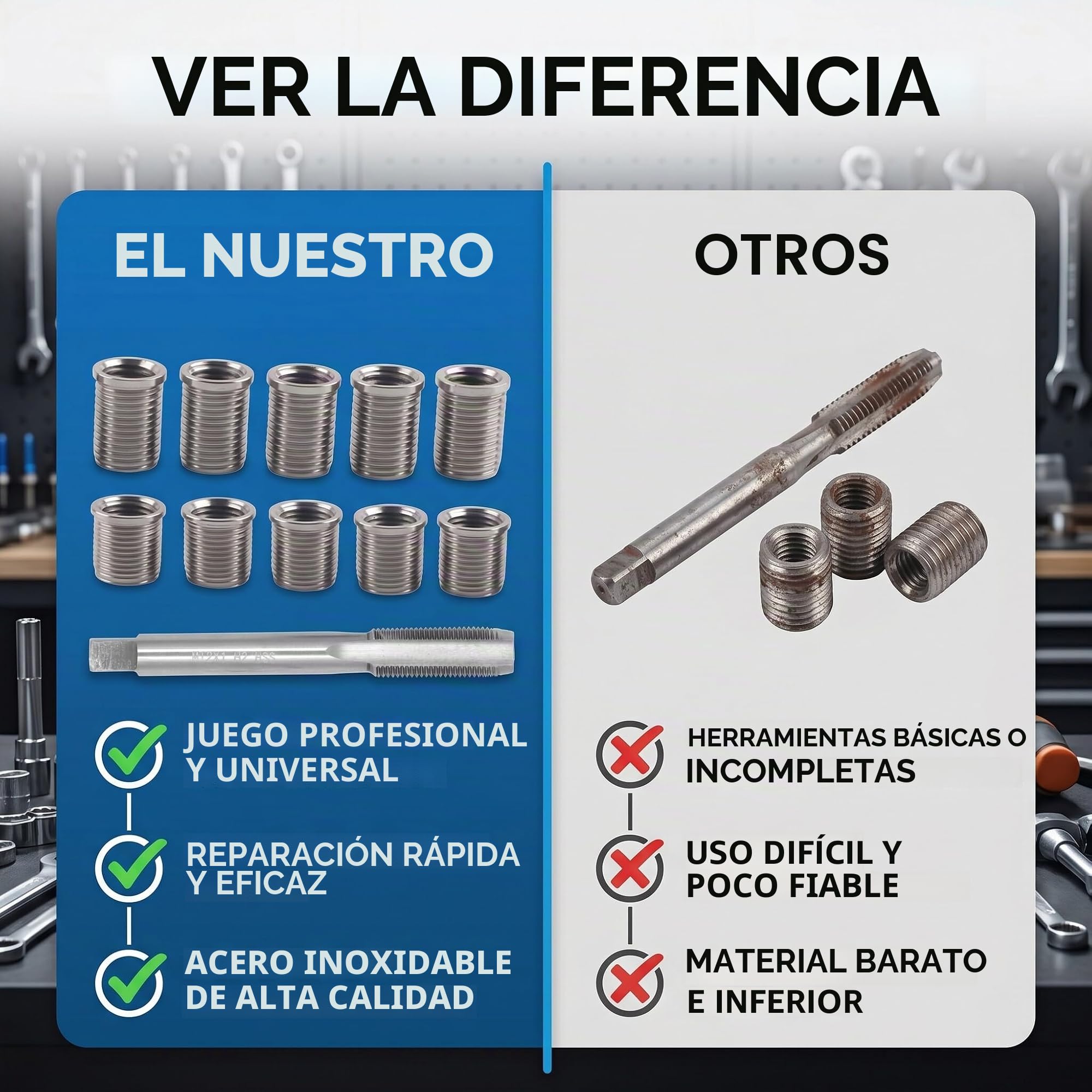 Kit de reparación de roscas de bujía, 10 insertos roscados M10x1.0 y 1 macho roscado M12x1.0, herramientas para grifo de la bujía para la reparación de