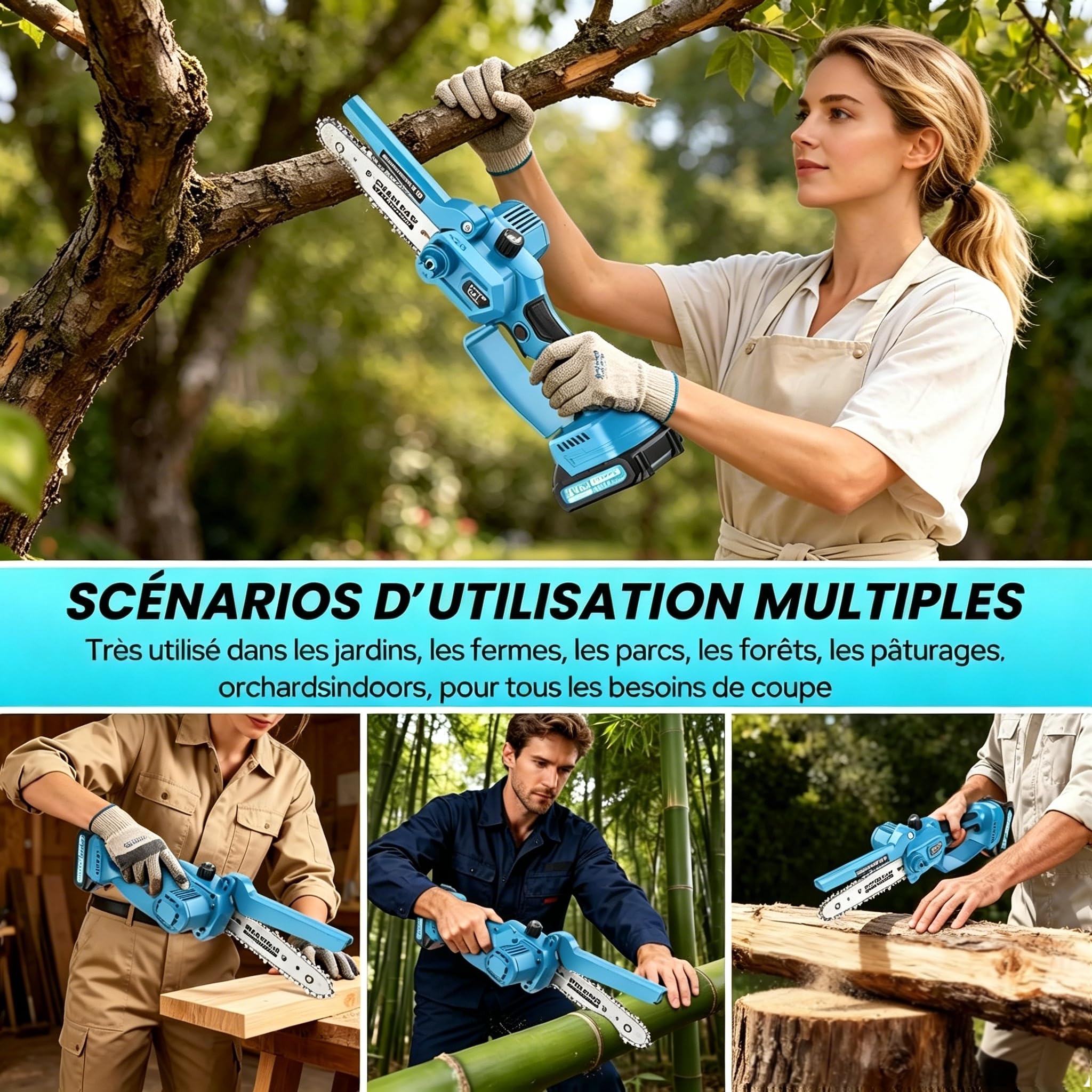 Mini Tronconneuse à Batterie 4000mAh, 1000W & 6 Pouces Tronçonneuse Électrique Sans Fil avec Graisseur Automatique & 2 Chaînes, Mini Tronçonneuse pour Branches et Jardin, Compatible avec Makita 18V | Tronçonneuse électrique portable avec 2 batteries, 1000