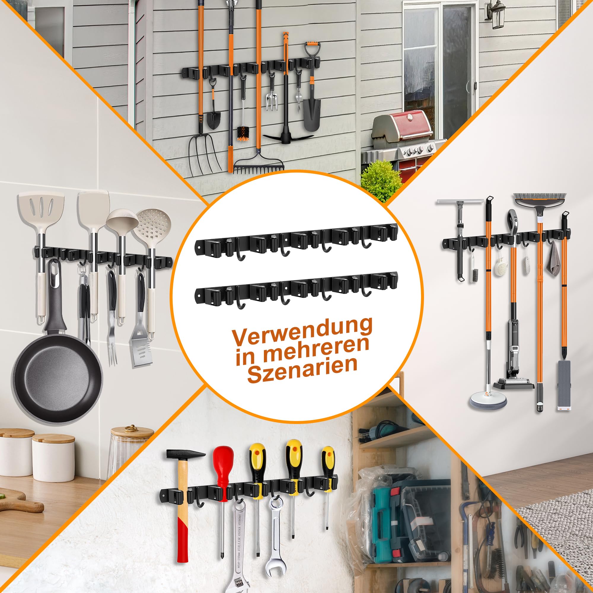 3 Stück Besenhalterung Wand, 15 Halter + 12 Haken Edelstahl Gerätehalter, Selbstklebend Gartengerätehalter and Besenhalter, Schwarz Wandhalterung Aufhänger für Besen