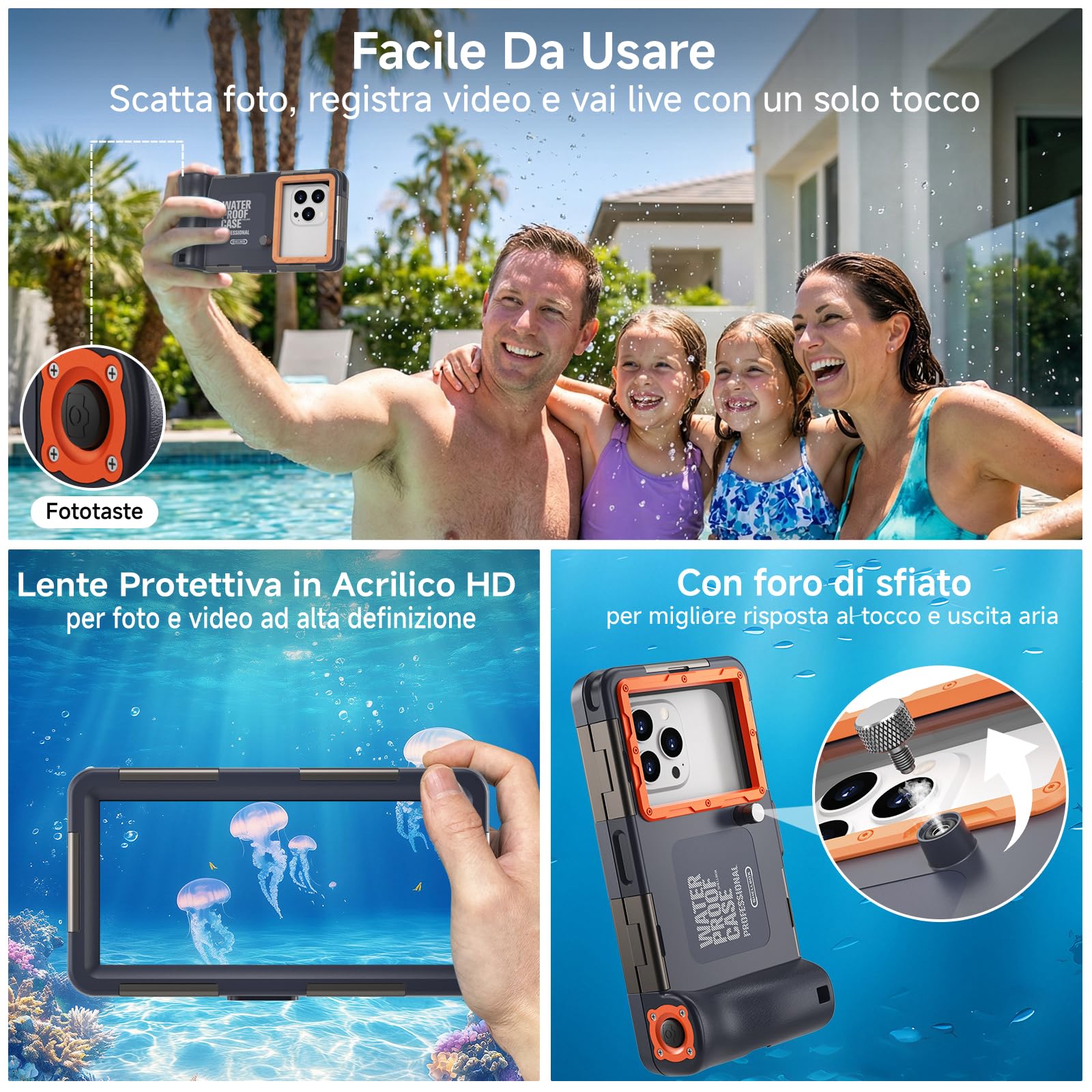 DANZHANG Custodia Impermeabile Subacquea IP68 per Smartphone (Blau+Orange)