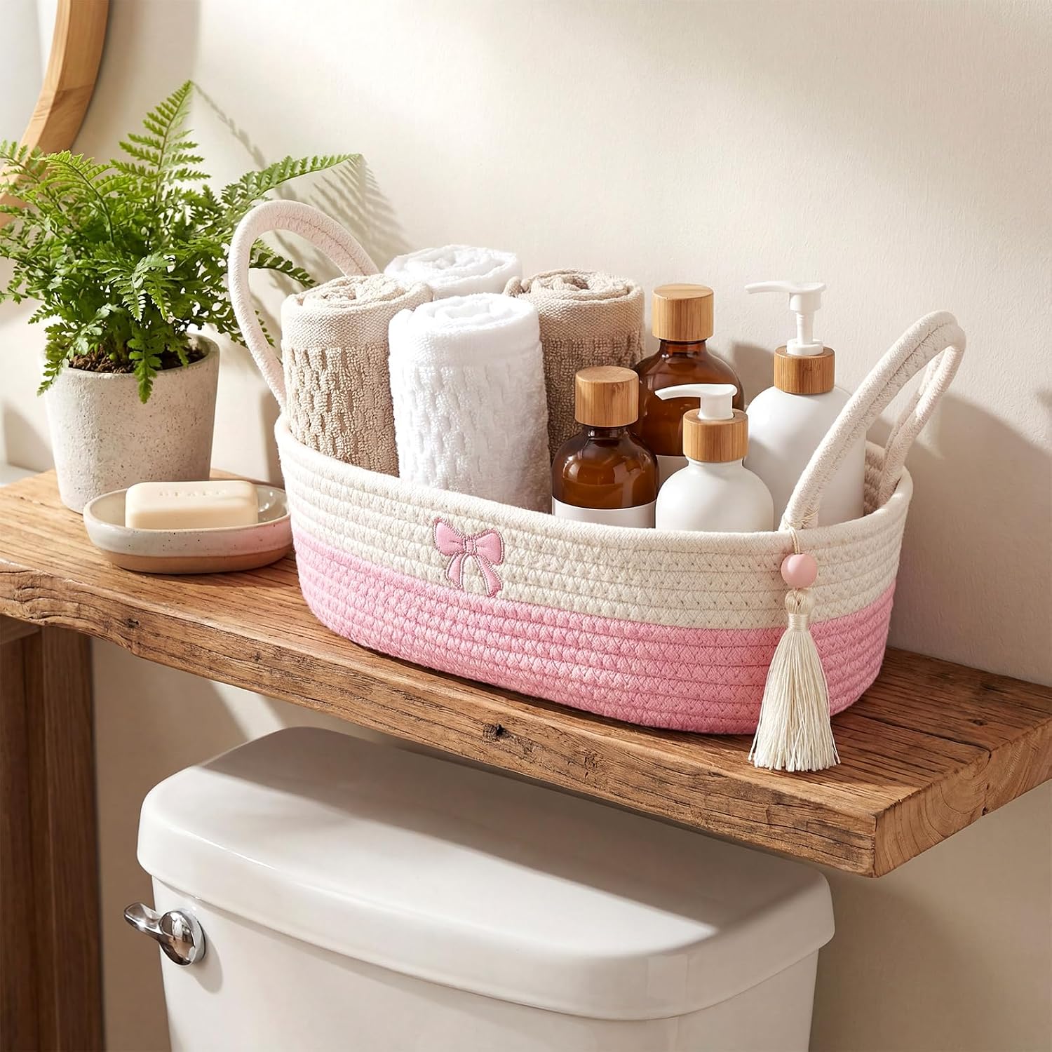 Pink Bow Woven Toilet Paper Basket - Cotton Rope Storage Basket with Handles, Oval Woven Bathroom Organizer Storage Baskets, Decorative Gift Bin for Towels, Kitchen & Vanity, 13.4"×5.5"×3.9"