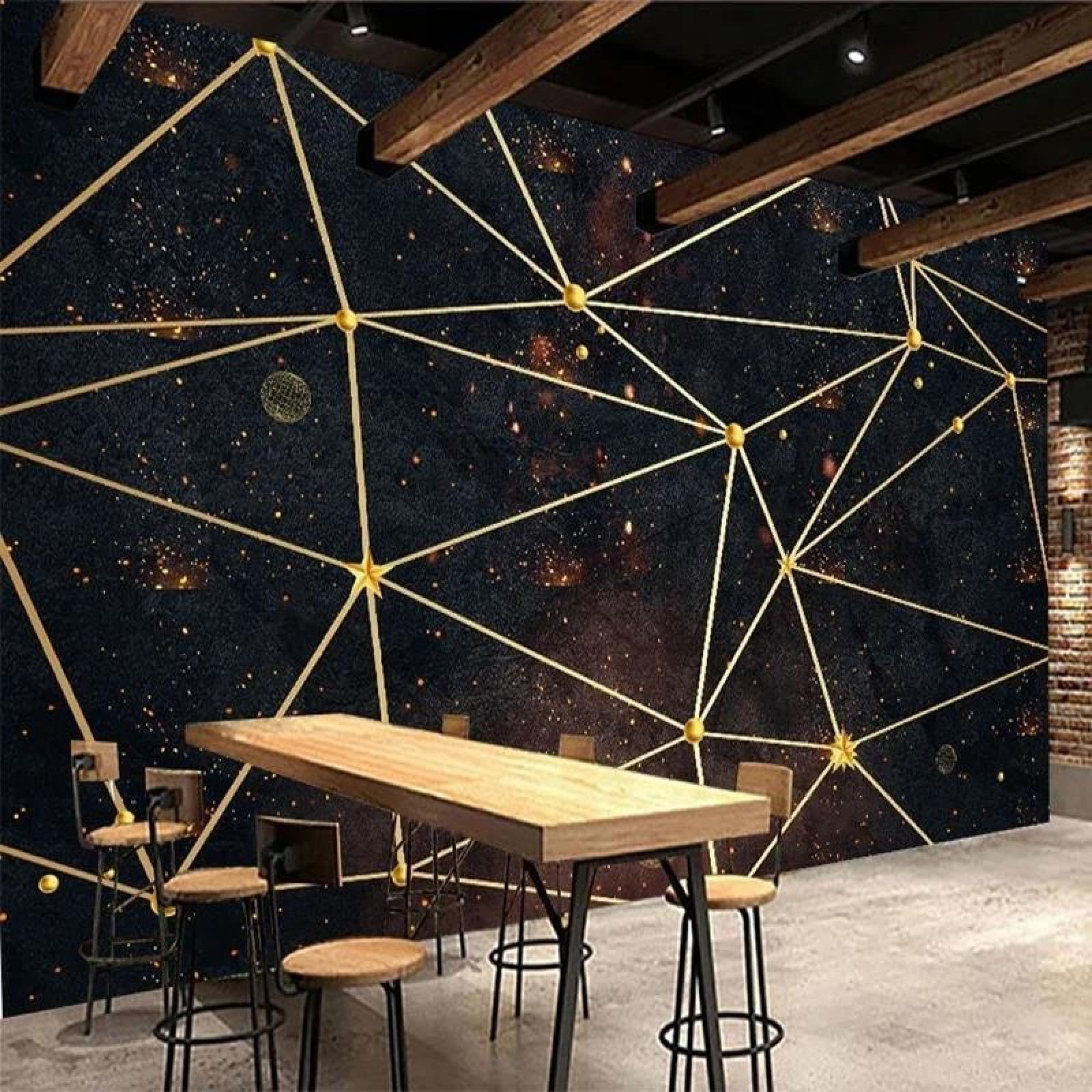 Papier peint ciel étoilé et fil d’or pour un salon géométrique 3D