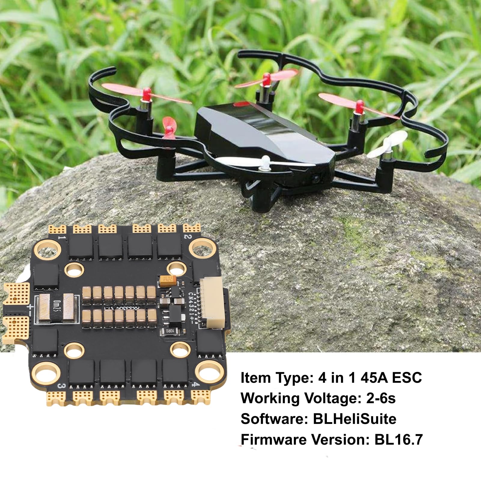 RC Drone ESC 4 en 1 45A 2‑6S Mini Controlador de Firmware con Doble Distancia Entre Agujeros Piezas de Bricolaje para Avión No Tripulado FPV RC