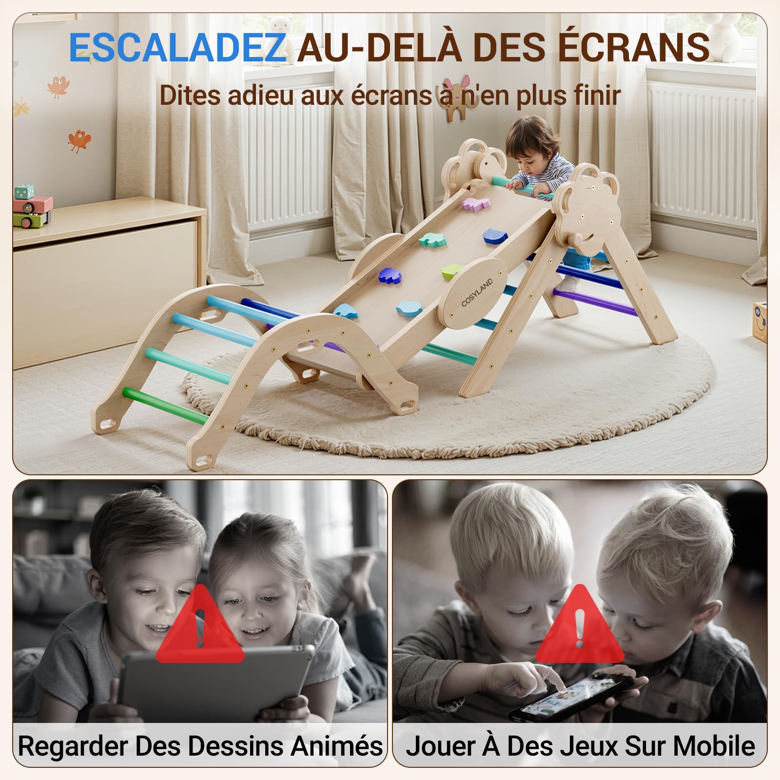 COSYLAND Triangle d’Escalade Montessori 8-en-1 – Arche Pliable en Bois, Parcours de Motricité pour Enfants 1–3 Ans, Structure Stable, Charge 80 kg, Coffret Cadeau Coloré (Froid)