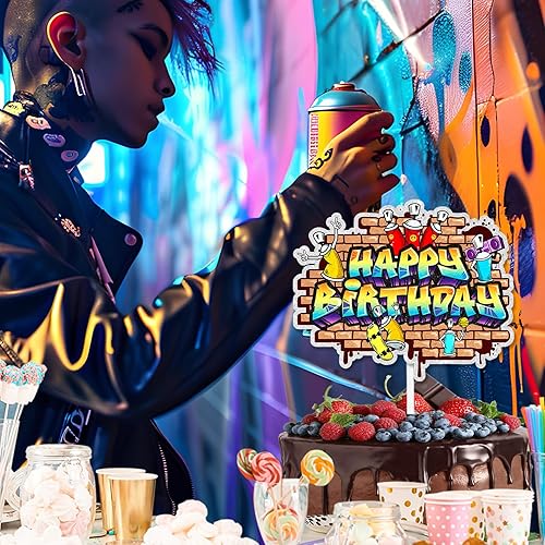 Miniatura 4 de Los adornos de grafiti para tartas con tema musical retro de los años 80 y 90 son una decoración de feliz cumpleaños para fiestas de cumpleaños de