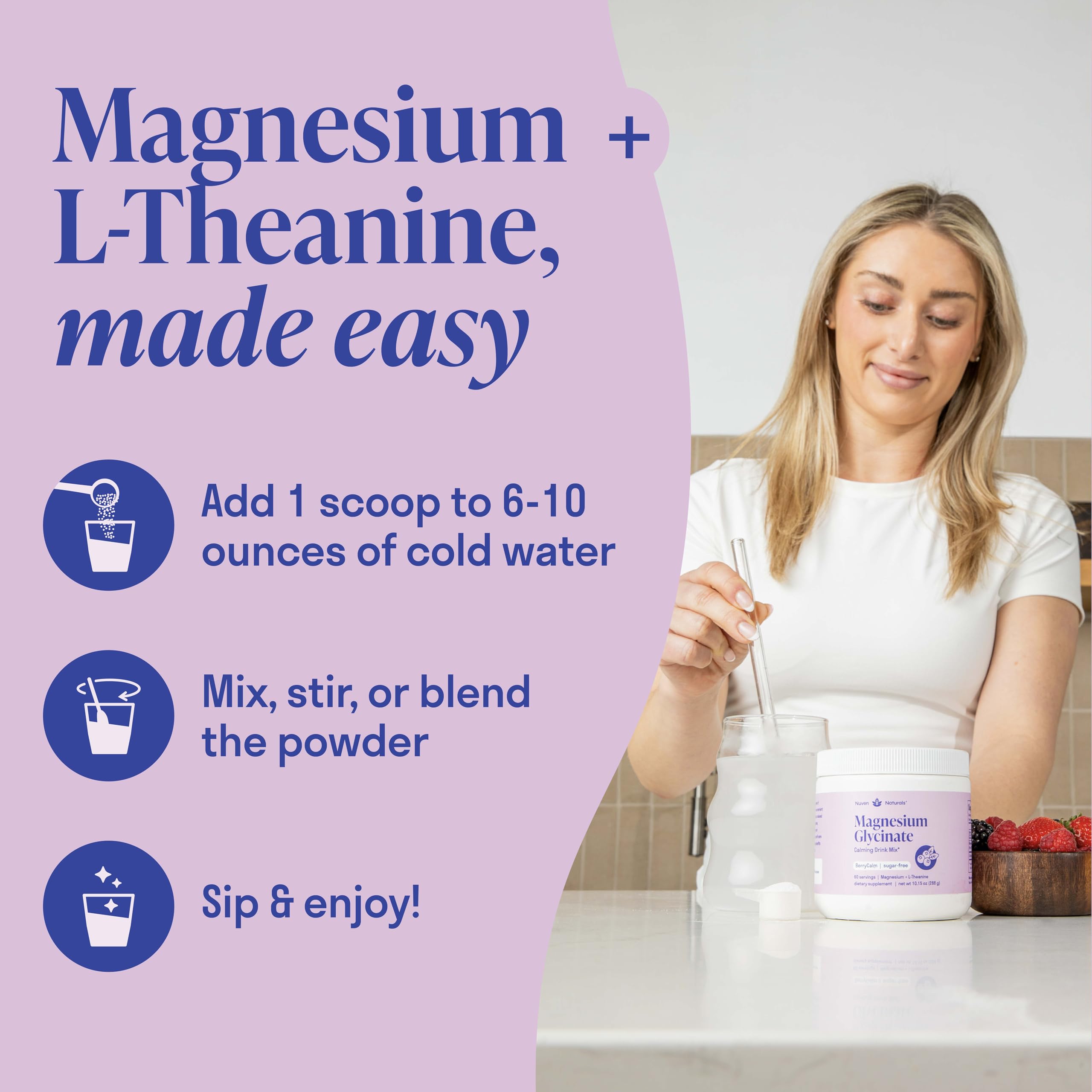 Magnesium Glycinate Powder + L-Theanine | 60 Servings | 300 mg per Scoop High Absorption Chelated Magnesium Powder for Sleep - Natural Mixed Berry Flavor, No Sugar, Support Restful Sleep & Relaxation