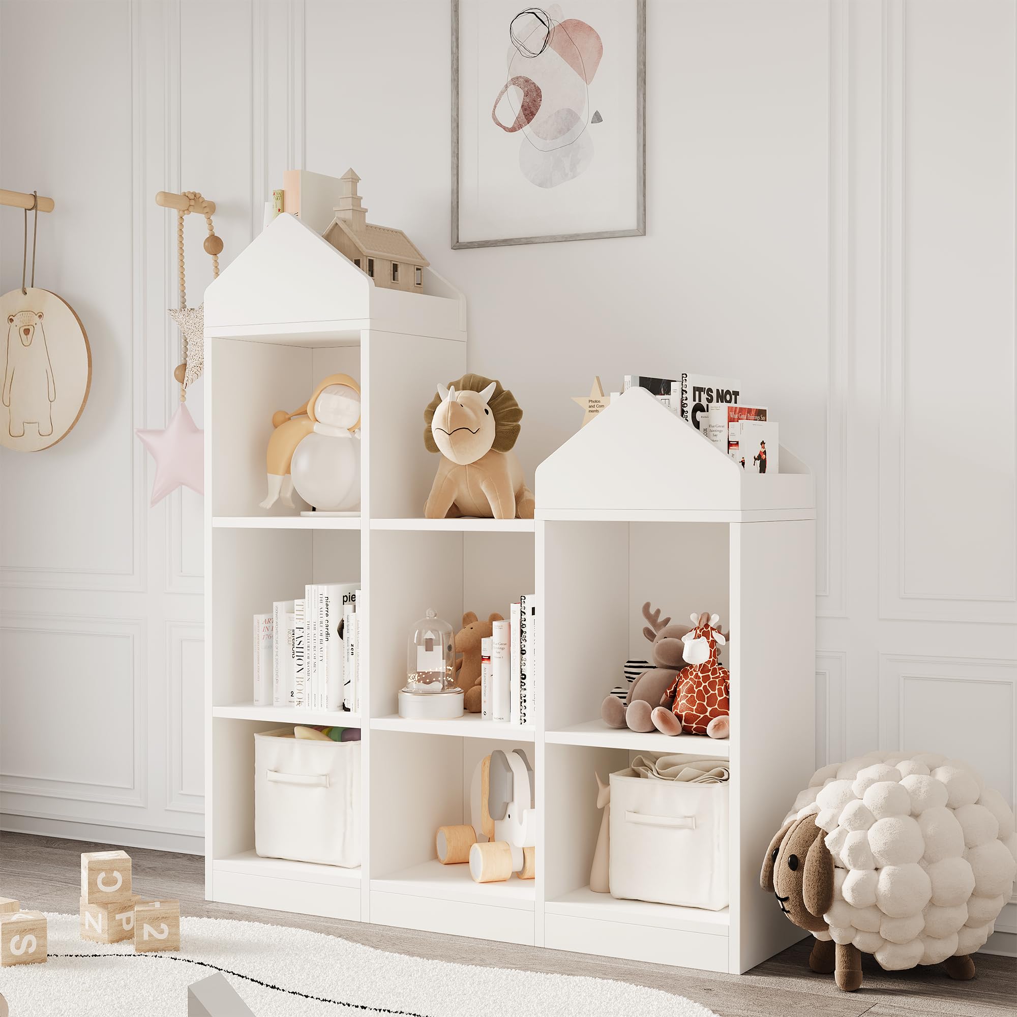 Litake Scaffale giocattoli bambini 9 scomparti 2 in 1 casetta libreria organizzatore bianco 92x30x108 cm