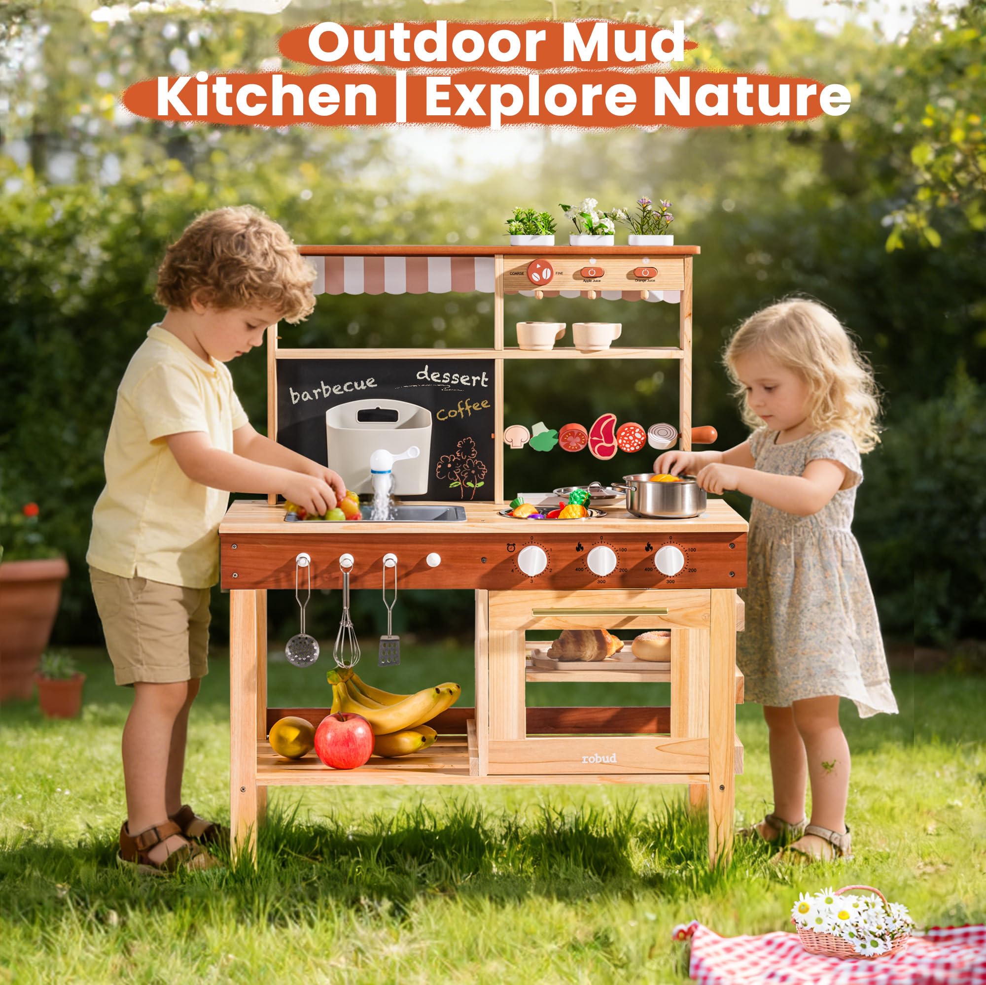 ROBUD Cucina da gioco in legno per bambini, cucina da esterno con lavello, macchina per il caffè, griglia per barbecue, forno e lavagna, gioco di finzione con accessori per bambini bambine 3+