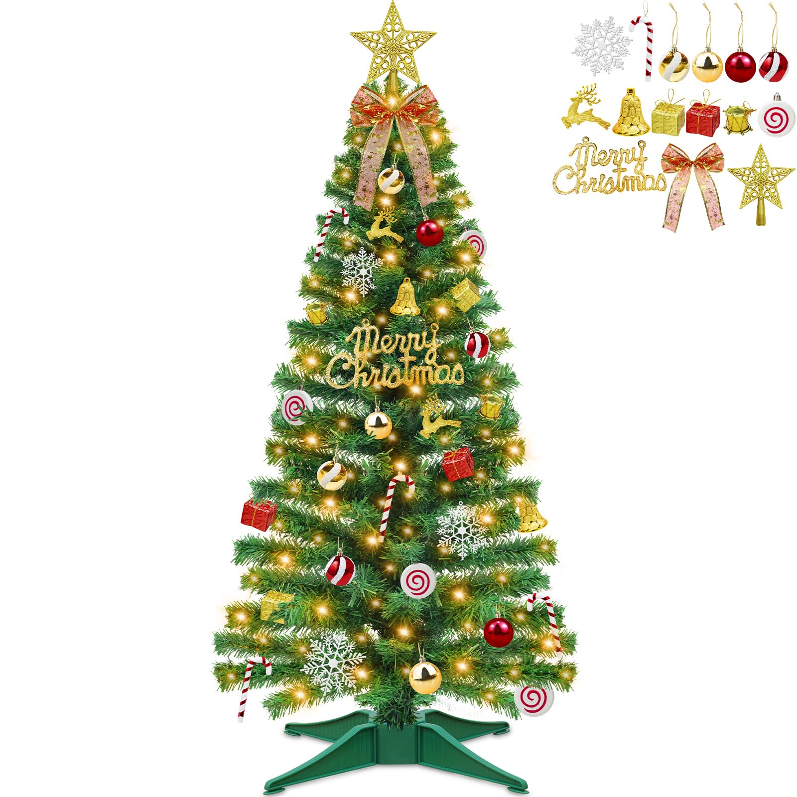 [71 ornements] Sapin de Noël artificiel de 1,2 m avec 100 étoiles blanches chaudes en 3D avec panneau « Merry Christmas » en forme de boule, nœud, cerf, flocon de neige, boîte cadeau, minuteur, arbre