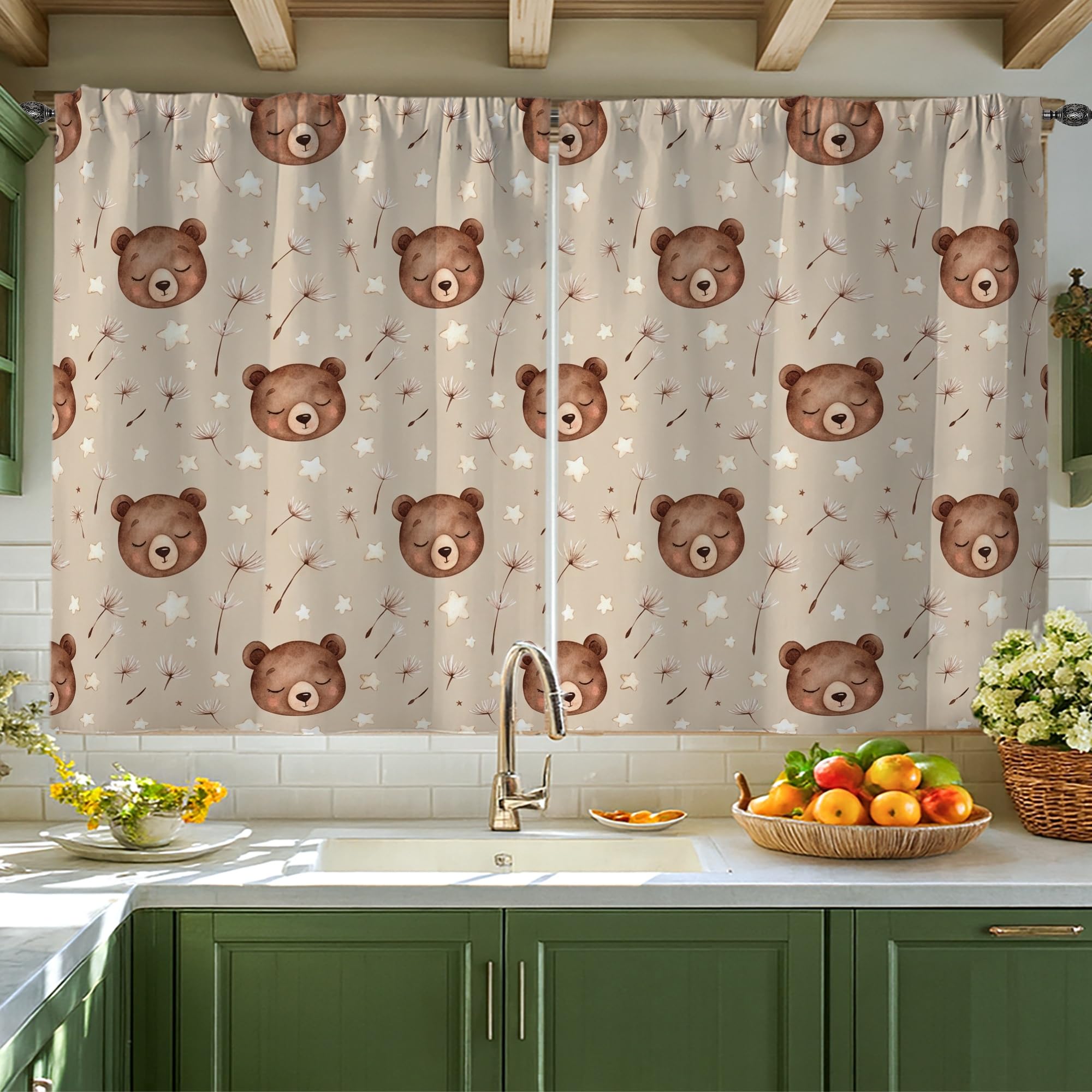 Rideaux de cuisine à motifs fleurs et étoiles marron style rustique