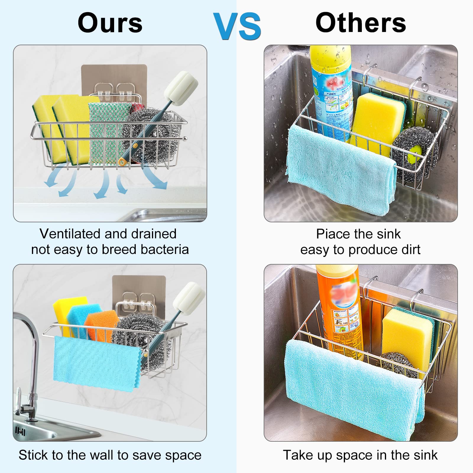 Organizer Lavello Acciaio Inox - Porta Spugna Autoadesivo, Senza Foratura, Antiruggine - Foto 11