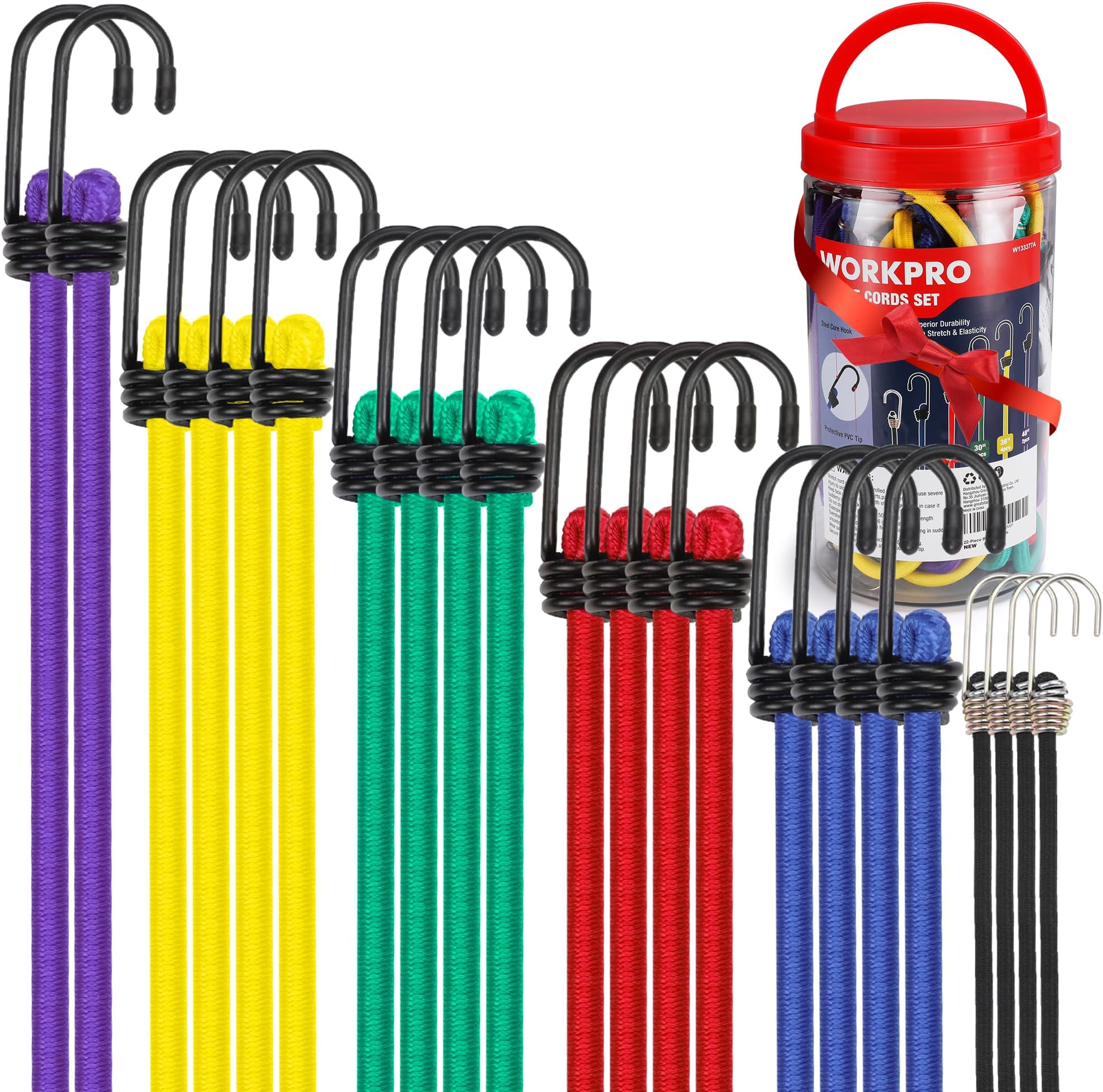 WORKPRO Bungee Cords Heavy Duty Outdoor - 22 PCS Bungee Cords with Hooks in a Storage Jar Includes 10", 18", 24", 30", 36", 48" Bungie Cord Bundle Assortment with Metal Hook