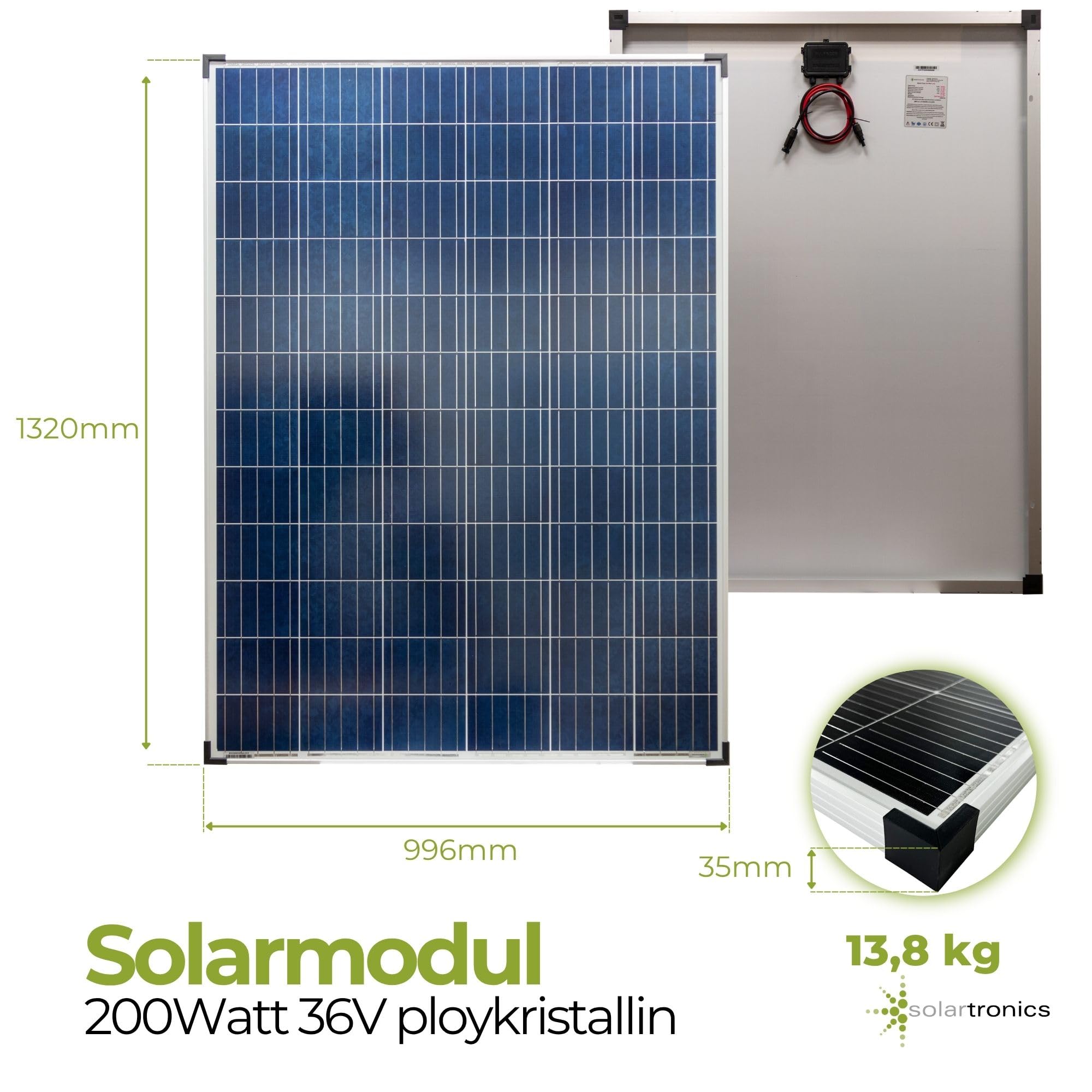 SOLARTRONICS Pannello solare policristallino da 200 W, 36 V, 5BB, 1320 x 996 x 35 mm, 13,8 kg