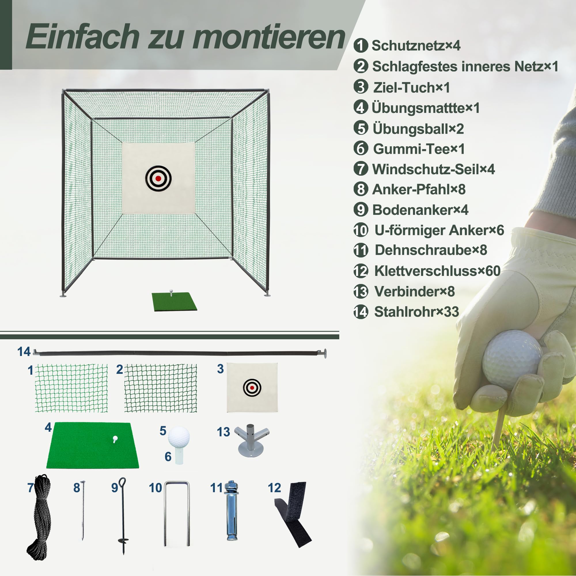 Thanaddo Golfkäfignetz 3m Freistehend Übungskäfignetz, Golfnetz Übunskäfig mit Ziel-Tuch und Übungsmattte