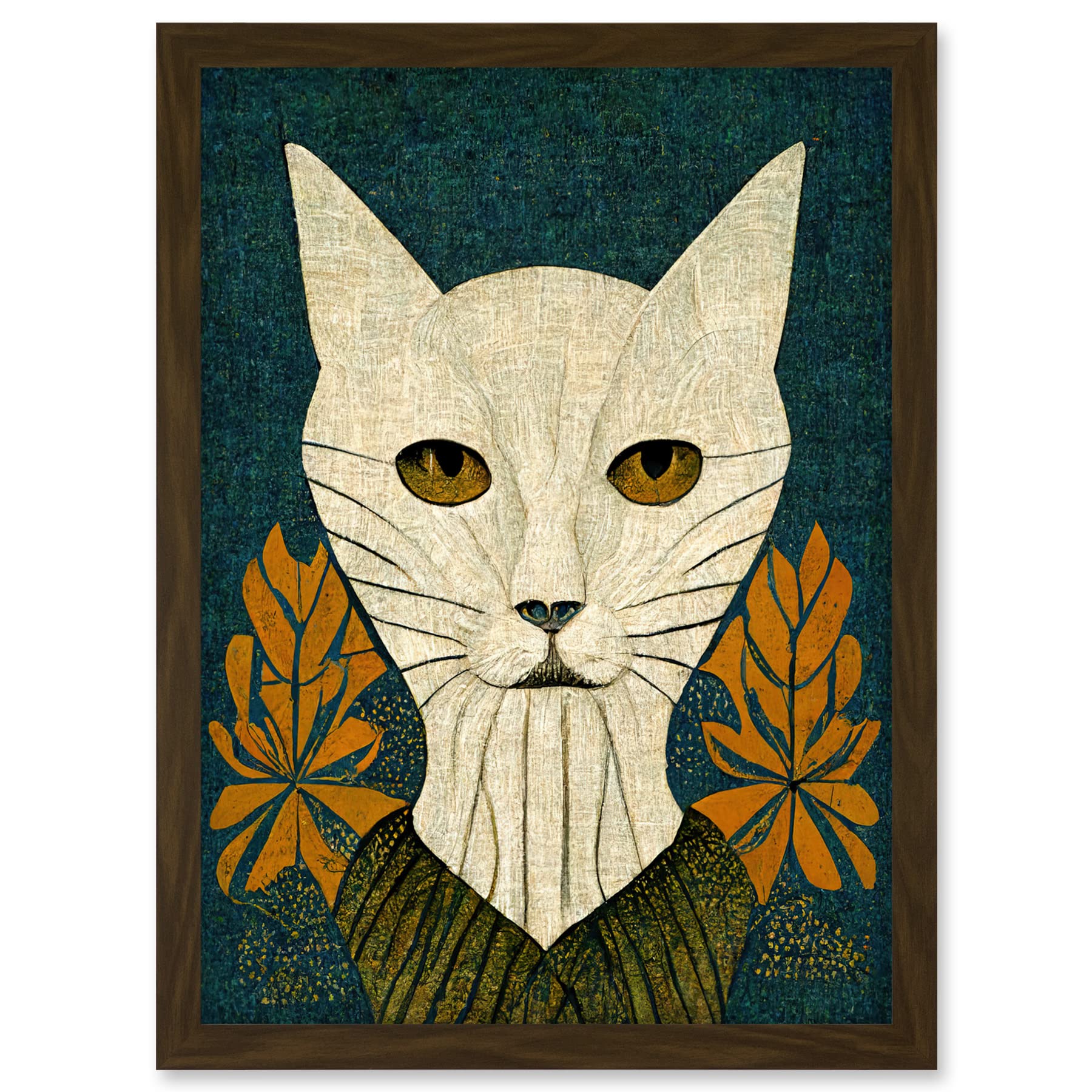 Doppelganger33 LTD Elegant Cat Illustration William Morris Style Teal Mustard Artwork Framed A3 Wall Art Print
