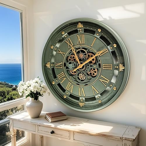 Miniatura 4 de ImprovingLife The Gears Clock - Reloj de pared de 26 pulgadas con engranajes móviles reales línea Bélgica con cubierta de cristal (verde, 26