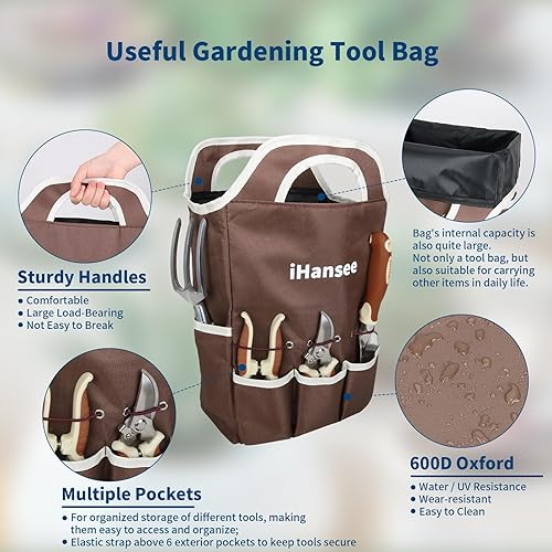 Miniatura 3 de Juego de herramientas de jardinería marrón de 12 piezas, kit de herramientas de mano de jardín con mango ergonómico antideslizante, bolsa de