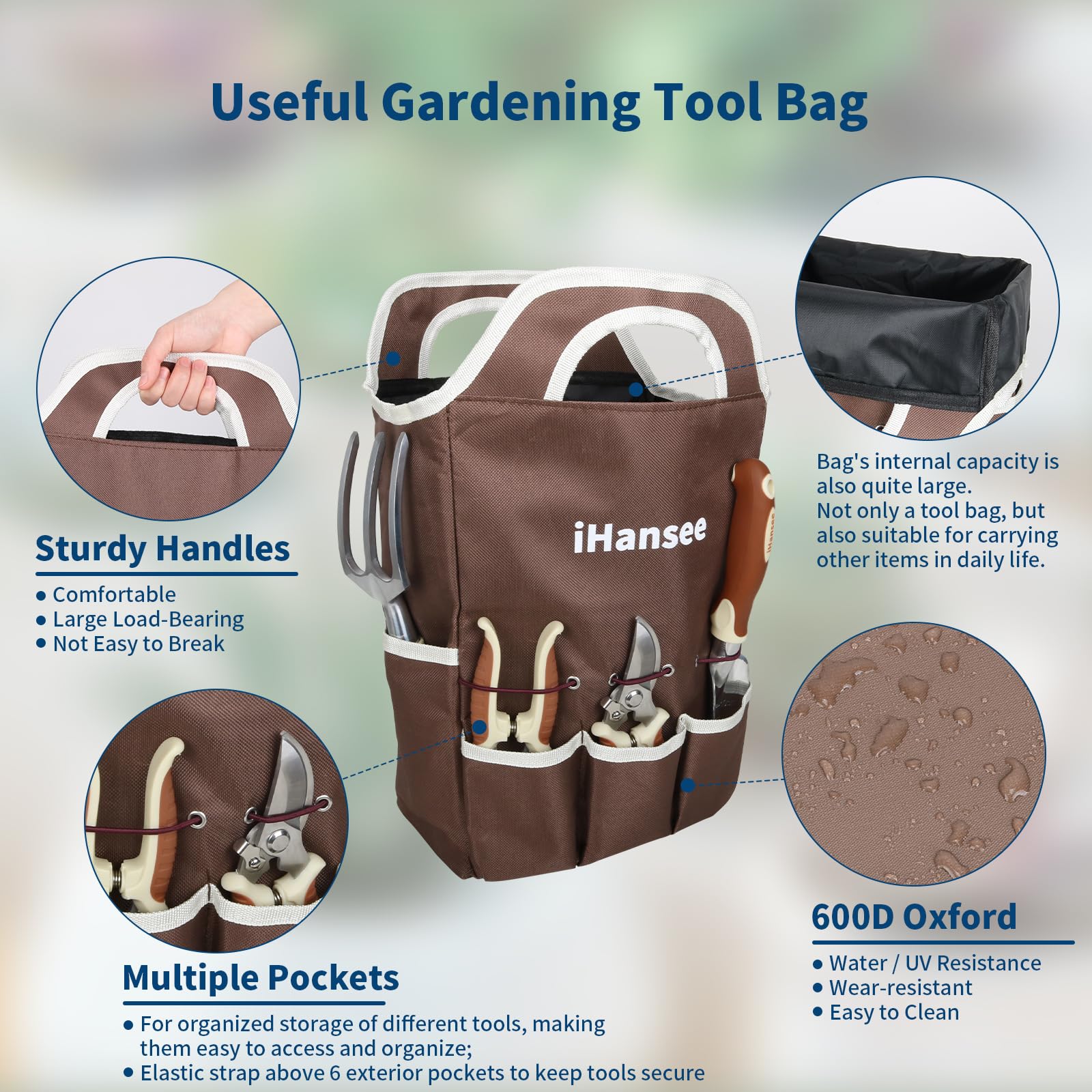 Braunes Gartenwerkzeug-Set, 12-teilig, robustes Garten-Handwerkzeug-Set mit rutschfestem ergonomischem Griff, Aufbewahrungstasche, Gartenschürze, Handschuhe und Kniepolster, Gartengeschenke für Frauen