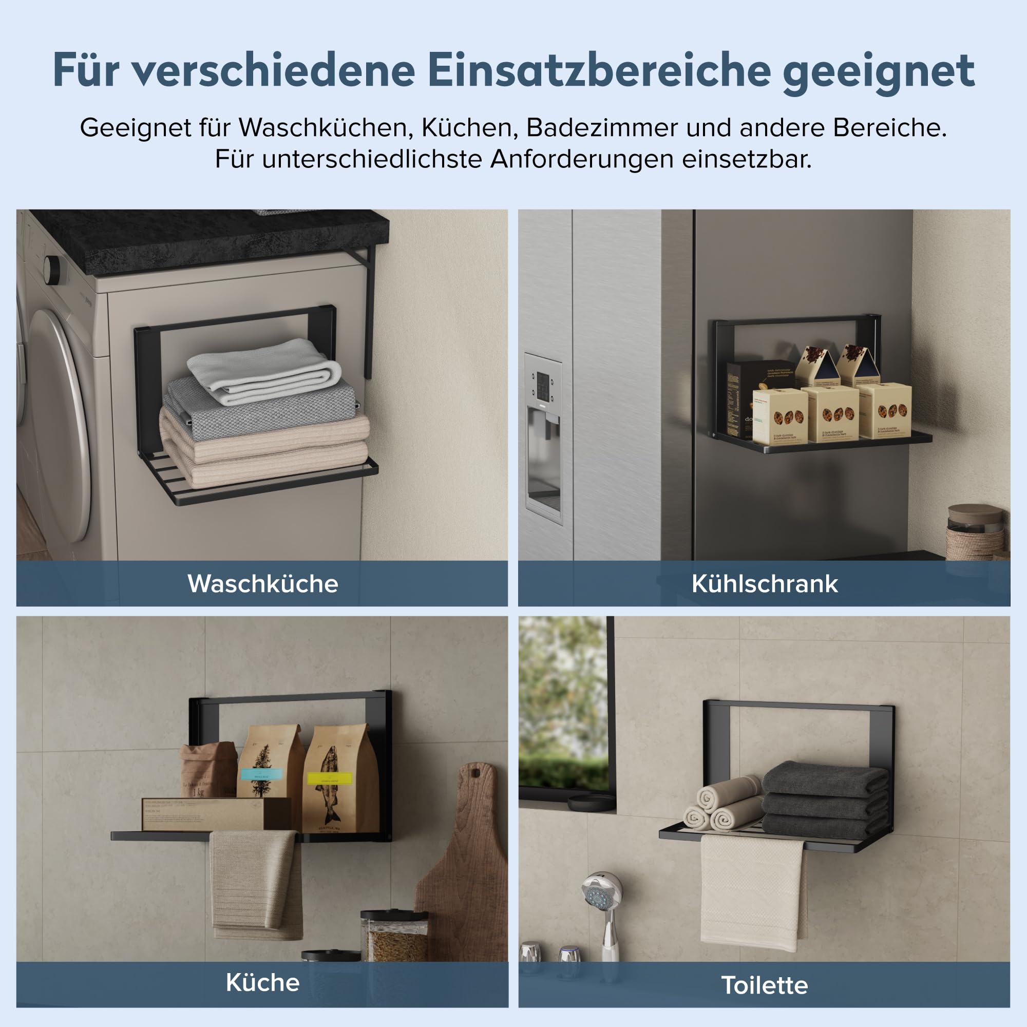 doporro Handtuchhalter ohne Bohren, Handtuchhalter magnetisch als Magnet Regal Waschmaschine, selbstklebend und bohrfreie Montage, Handtuchhalter Wand klappbar für Bad Küche, Matt Schwarz, Folda-01