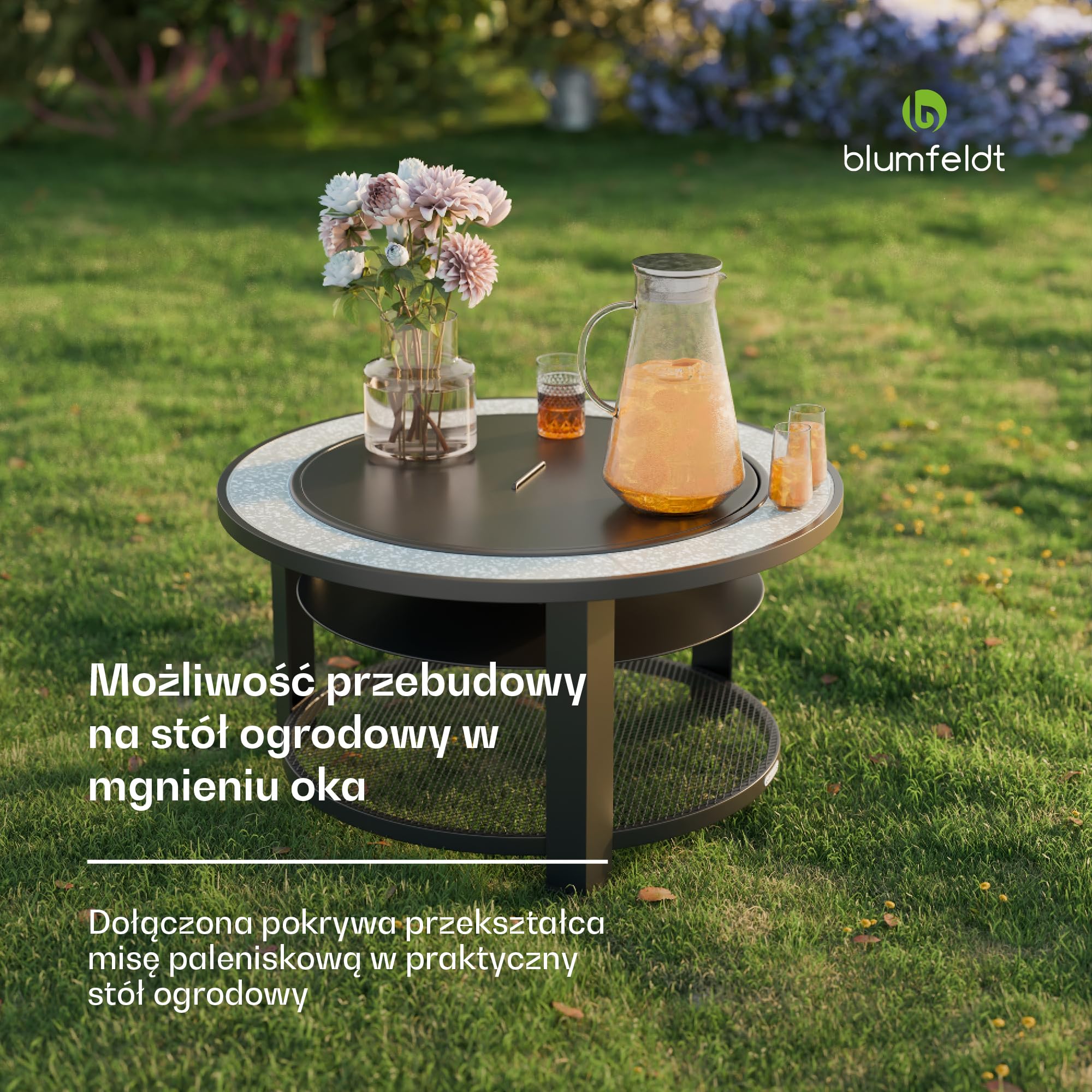 blumfeldt Palenisko ogrodowe 3 w 1 (palenisko, stół, grill), z ochroną przed wysoką temperaturą, rusztem do grillowania, pogrzebaczem, ochroną przed iskrami, ochroną przed deszczem – idealny jako