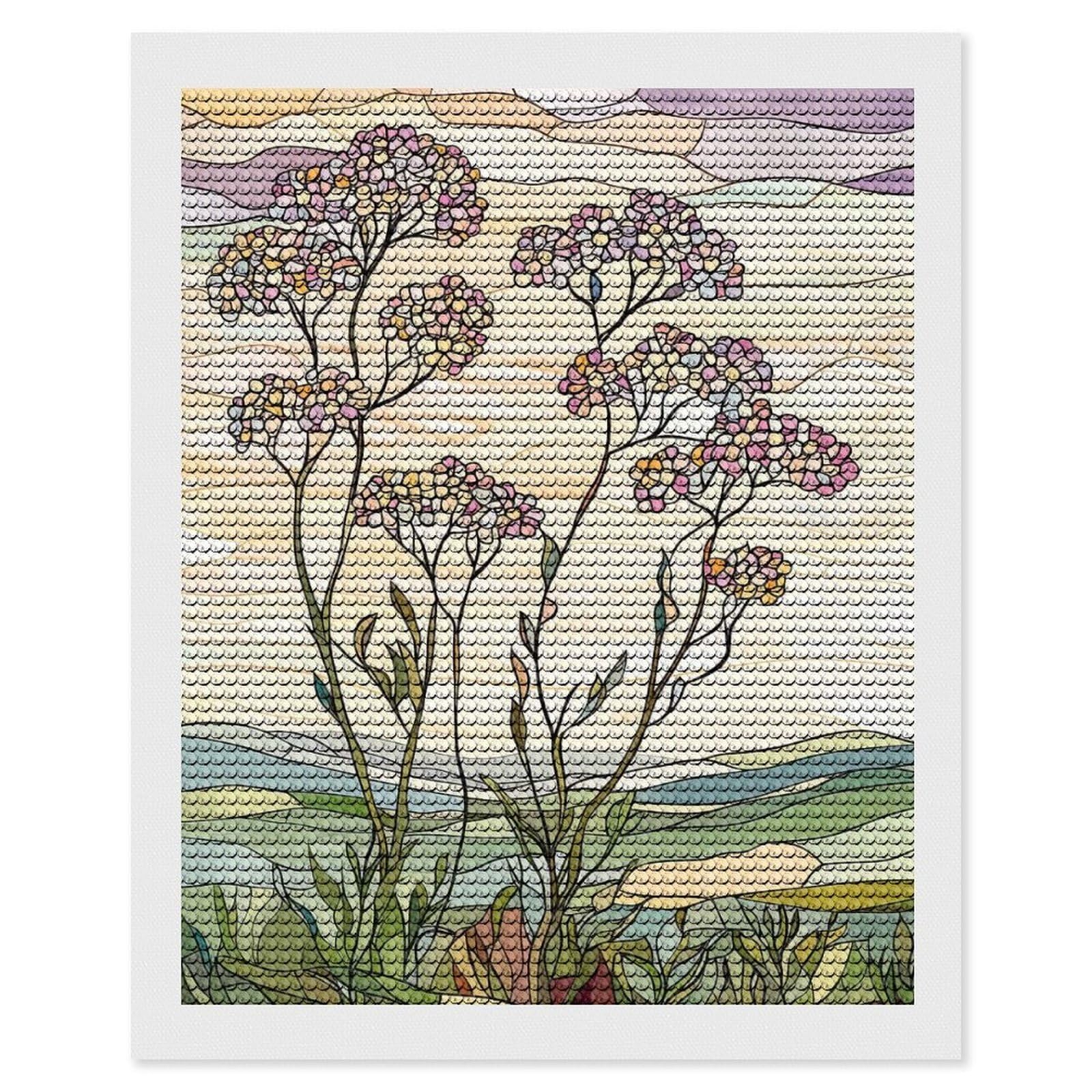 Junmoney Stained Glass Floral Landscape Diamond Painting Canvas Set 16"x20", with Tool Kit, Easy to Enjoy, Home Wall Decor, Thoughtful Handmade Gift