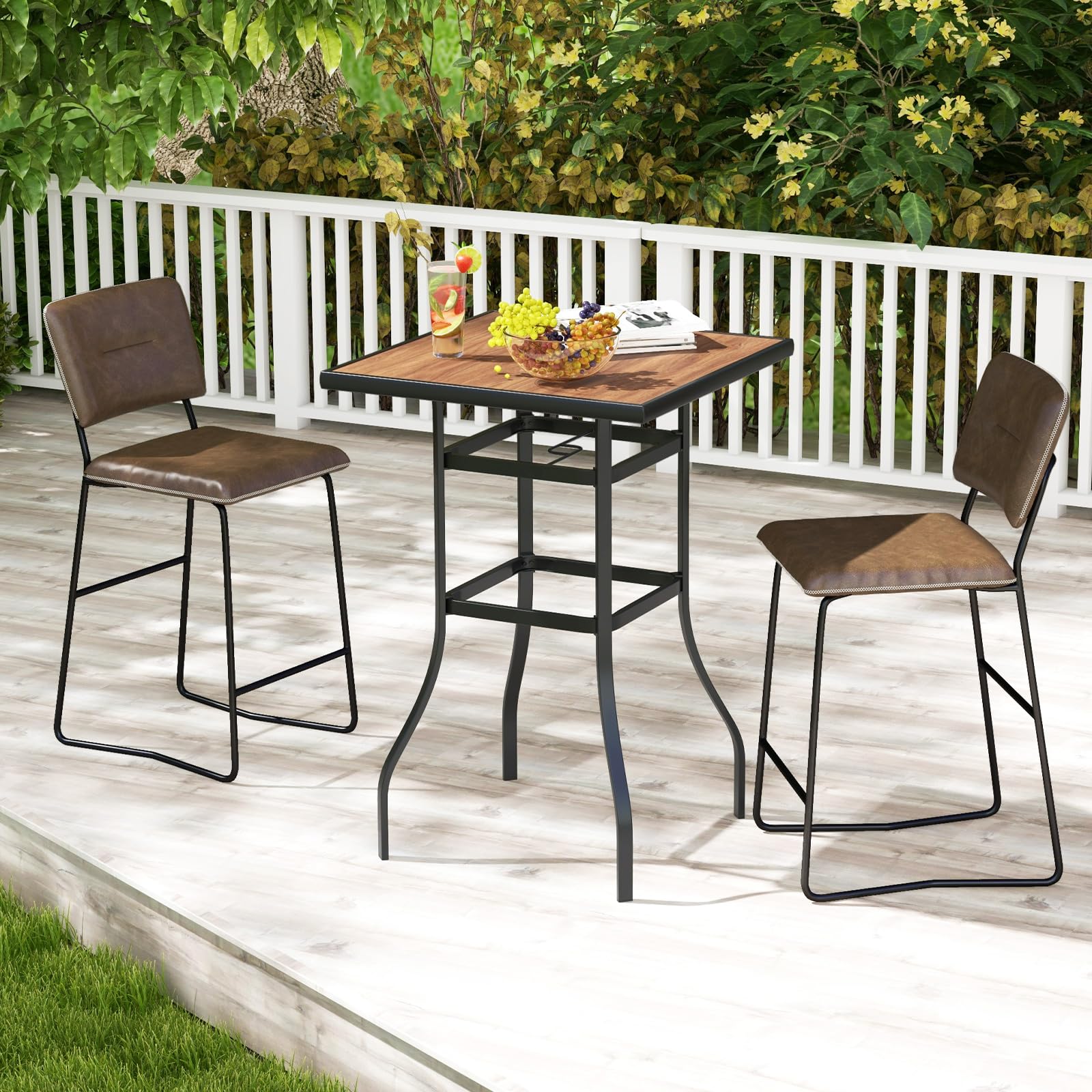 COSTWAY Mesa Alta Cocina, Mesa Alta Cuadrada 70cm, Mesa Bar con Orificio para Sombrilla de 39 mm, Estructura de Metal, Mesa Alta Exterior Jardin Terraza