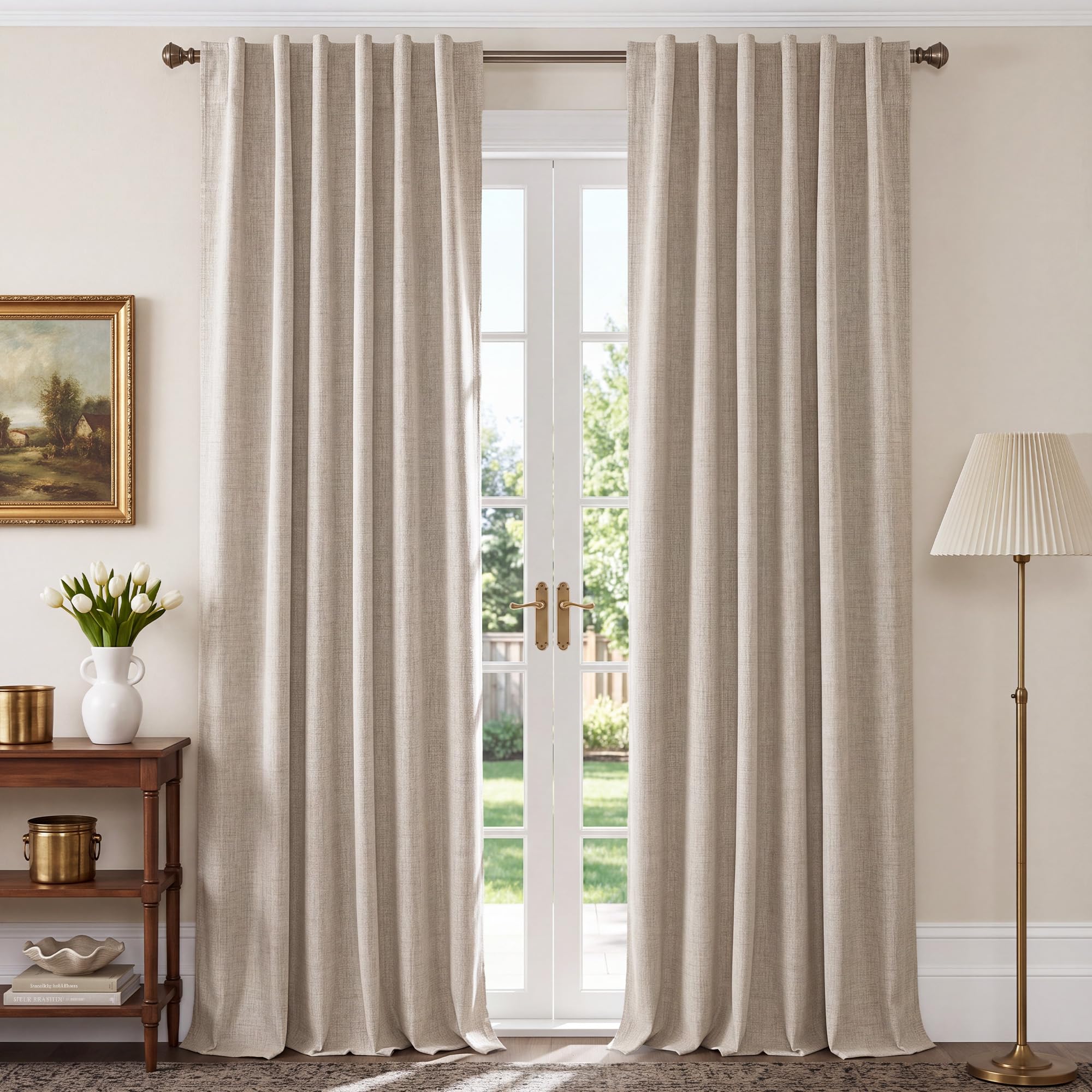 NICETOWN 100% Blackout Linen Curtains for Bedroom/Living Room 90" L, 2 PCs | Thermal Insulated & Privacy Curtains with Grey Liner, Noise Reducing Farmhouse Style, Natural, W52 x L90 in Each