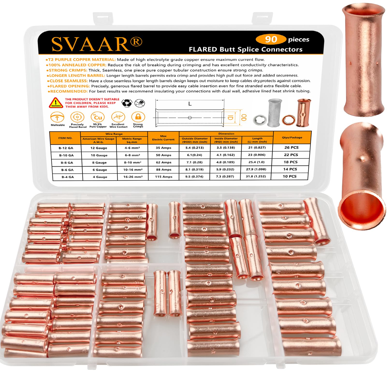 SVAAR 90PCS 4-6-8-10-12 Gauge Flared Barrel Butt Splice Connectors Kit 12-4 AWG Non-Insulated Butt Connectors Pure Copper Flared Compression Butt