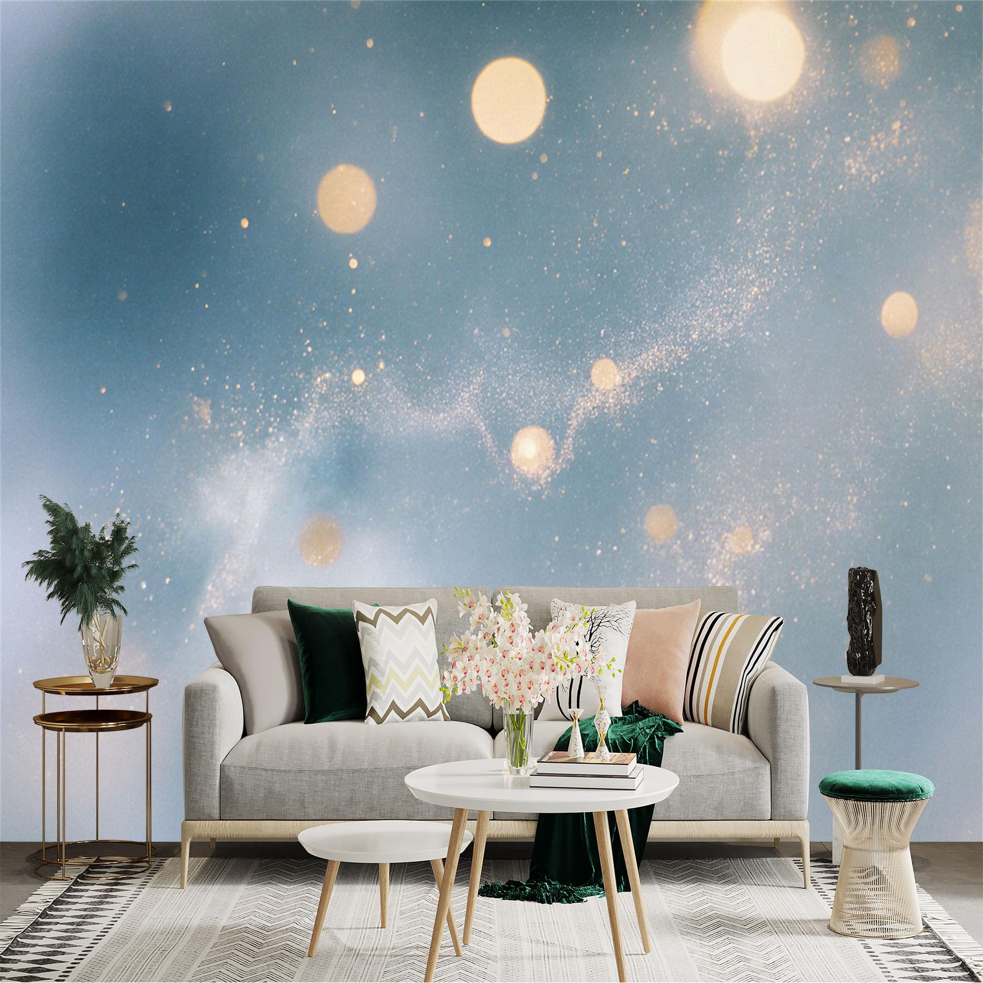Custom Size Wall Sticker Mural， Abstract Soft Blue Background with Golden Bokeh Lights， Dreamy Glowing Particles， for wall Decoration， peelandstick wall Decals.