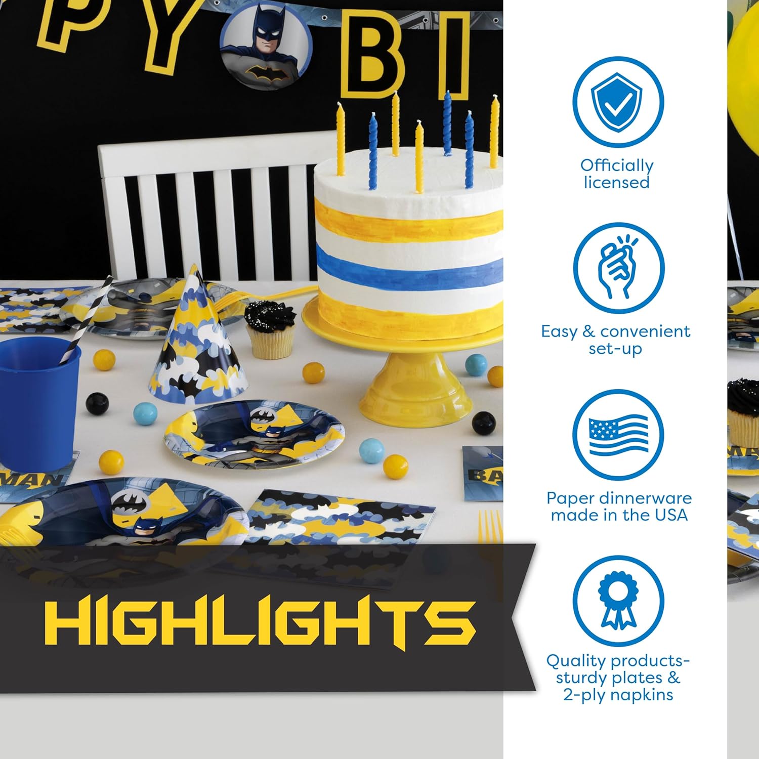 Batman Birthday Decorations | Serves 16 | Balloons, Banner, Tablecloth, Plates, Napkins, Sticker | Batman Party Decorations