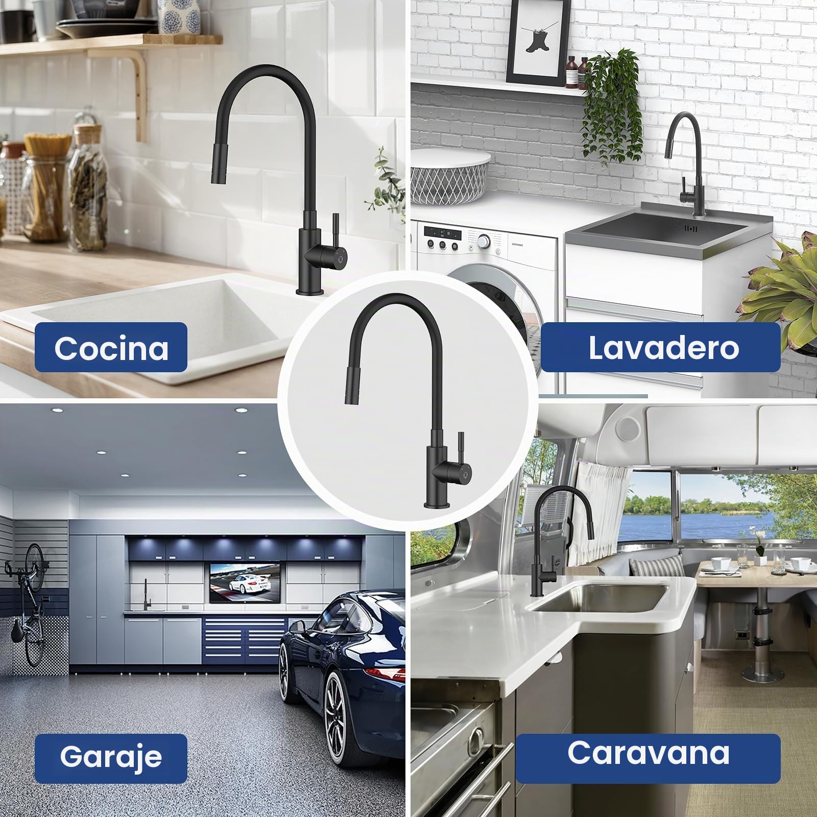 CECIPA Grifo Cocina Flexible Con 2 Chorros de Agua, Abatible, Negro Mate, Fregadero Giratorio a 360º, Para Agua Caliente Y Fría