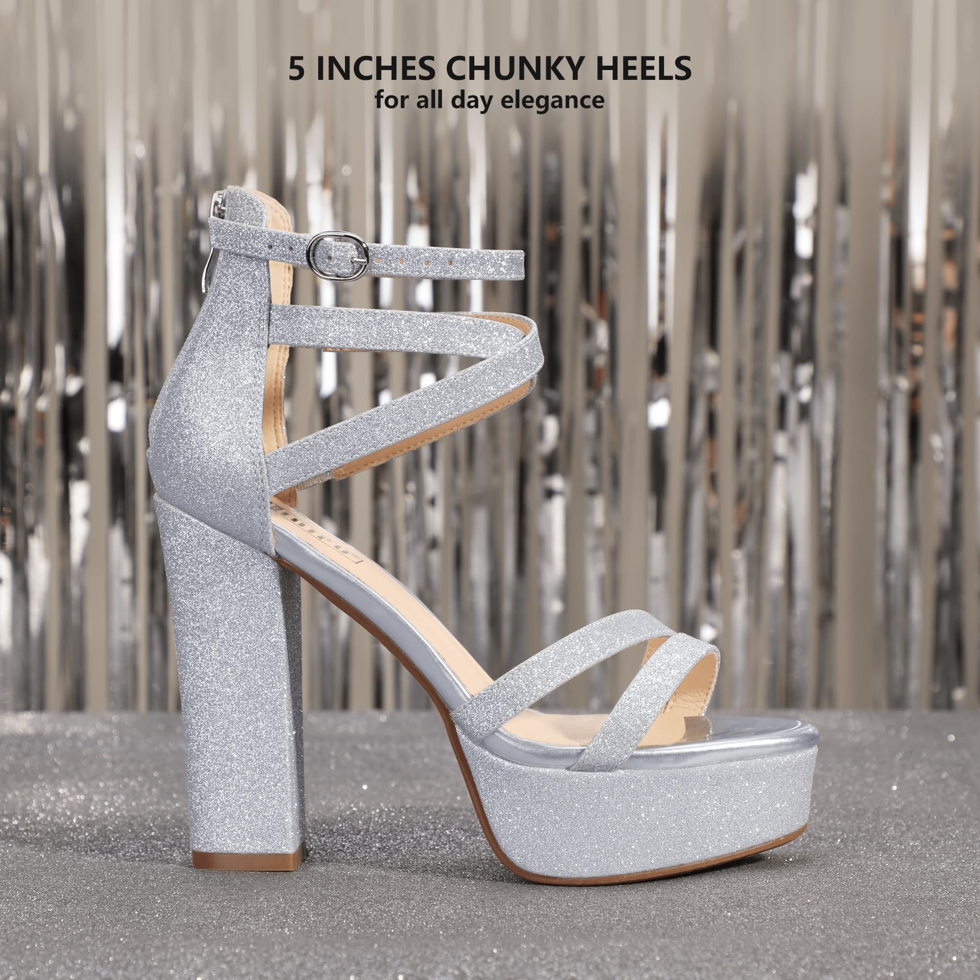 IDIFU Women's Platform Chunky High Heels Dress Sandals Open Toe Ankle Strap Strappy Wedding Bridal Party Dance Shoes For Women Bride: 8.5 M Silver Shiny