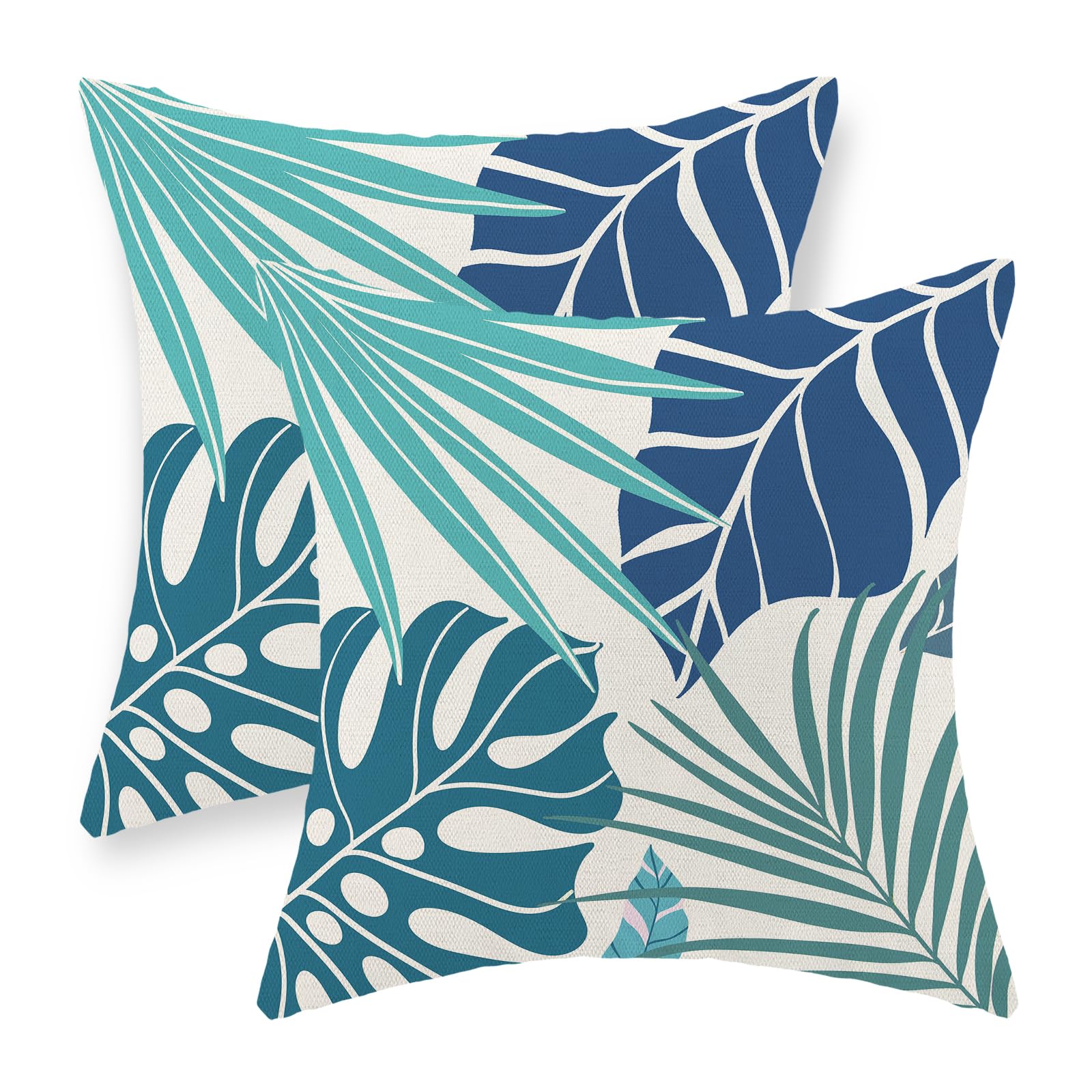 Tropical Pillow Covers 20x20 Set of 2 Navy Blue Aqua Teal Monstera Palm Leaf Pillowcase Summer Decorations Tropical Outdoor Throw Pillows Linen Decor