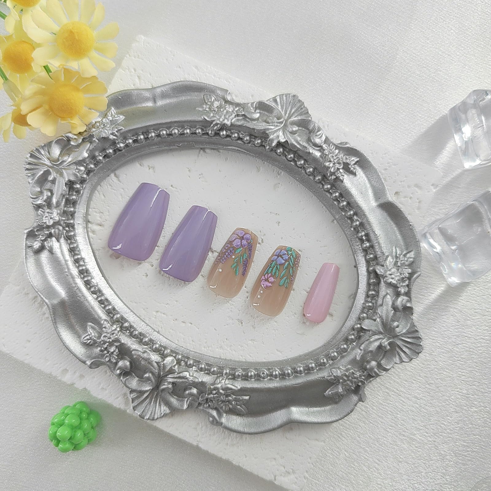 Summer Press on Nails Short Fake Nails with Blue Glitter Designs Coffin Nails Press ons French Tip Glue on Nails Nude Acrylic Nails Spring False Nails Natural Stick on Nails for Women 24Pcs: purple nude