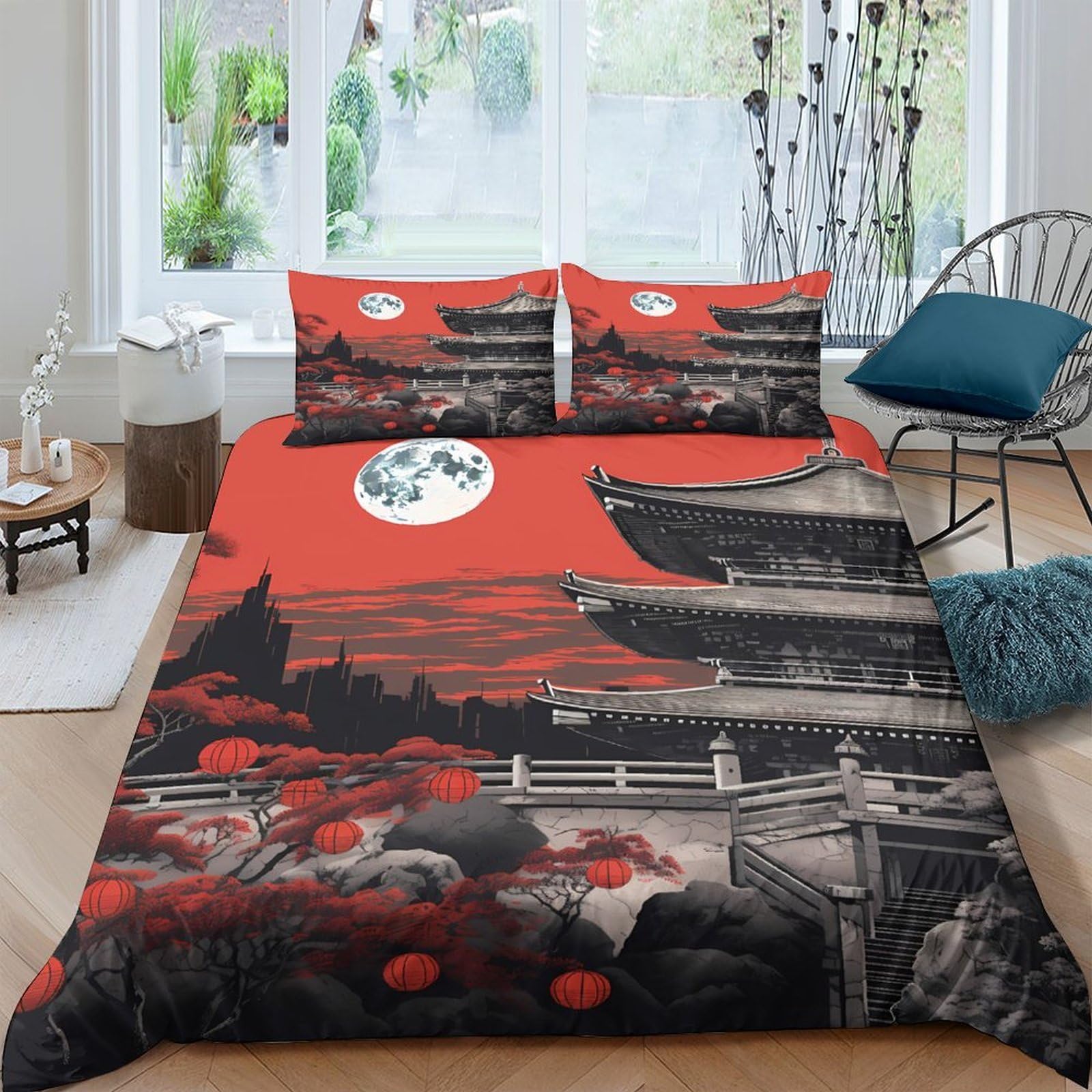 Ctjqhvkz Style-2 3D Printed Japanese Temple Fitted Sheet Microfiber Red Moon Landscape Mattress Cover For Bedroom Guest Room Decor Single（135X200cm）